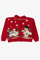 Vintage Red Tiara Snowmen Skiing Ugly Christmas Cardigan (1990s)