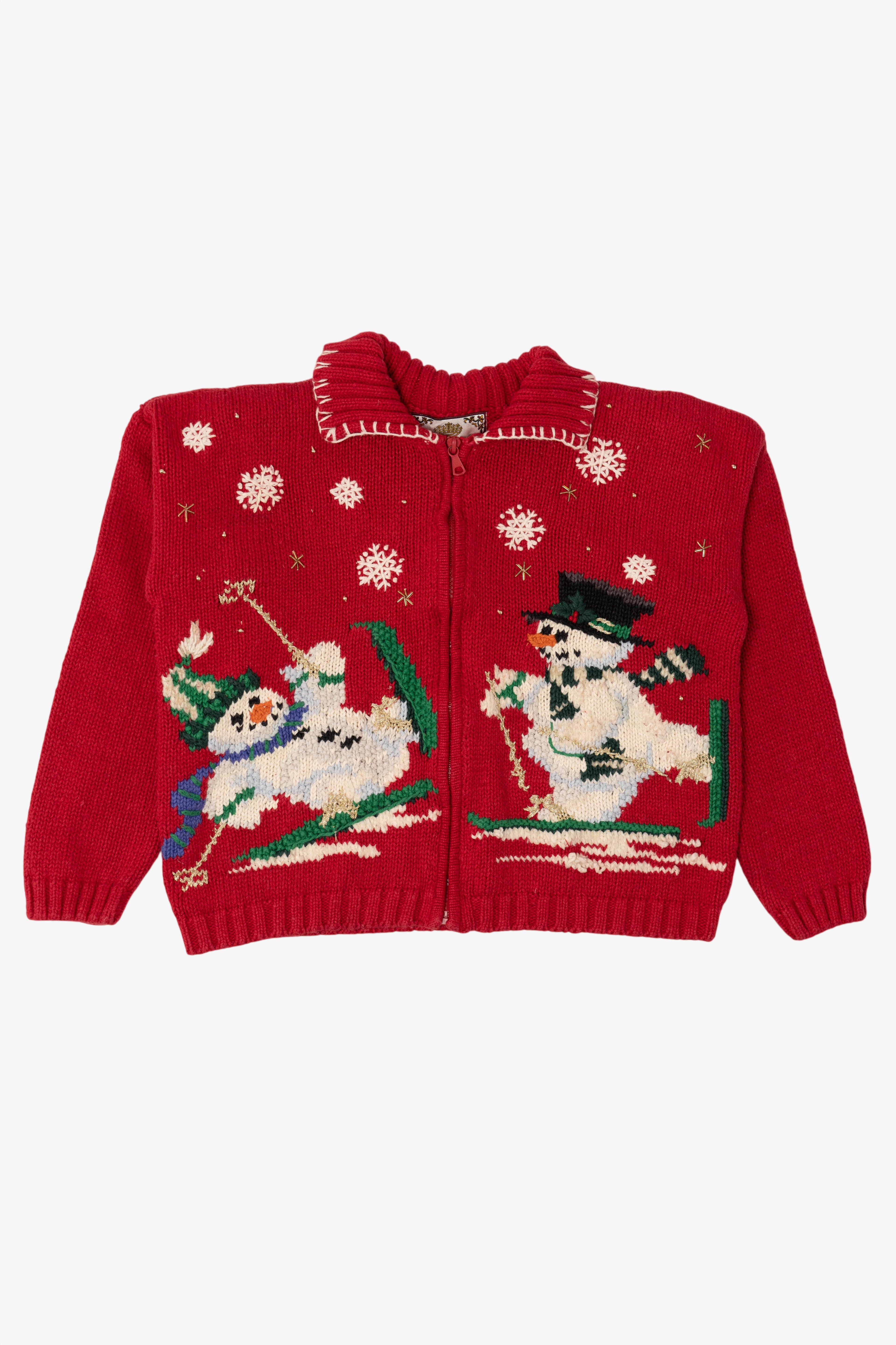 Vintage Red Tiara Snowmen Skiing Ugly Christmas Cardigan (1990s)