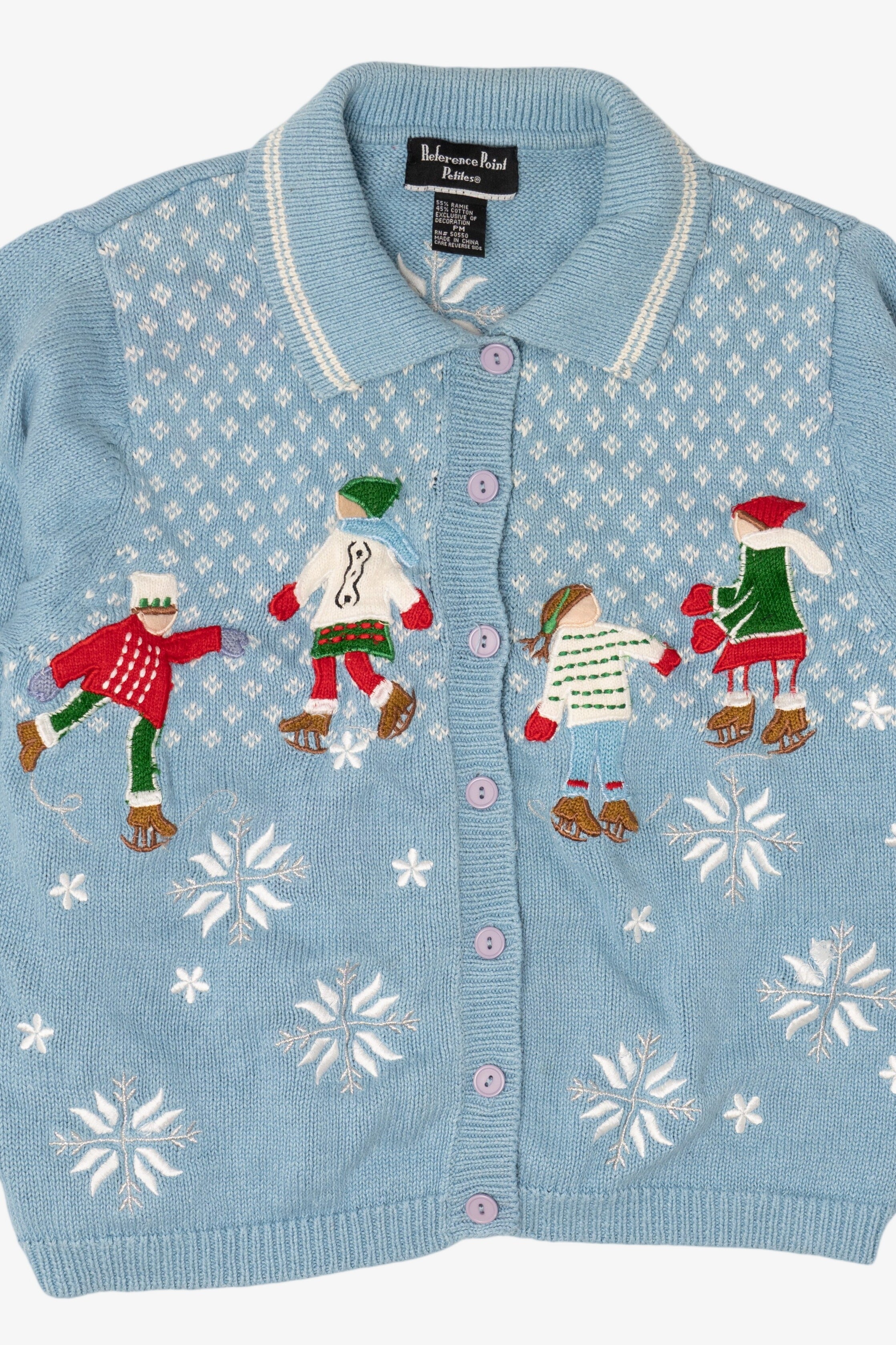 Vintage Light Blue Reference Point Ice Skating Ugly Christmas Cardigan (1990s)