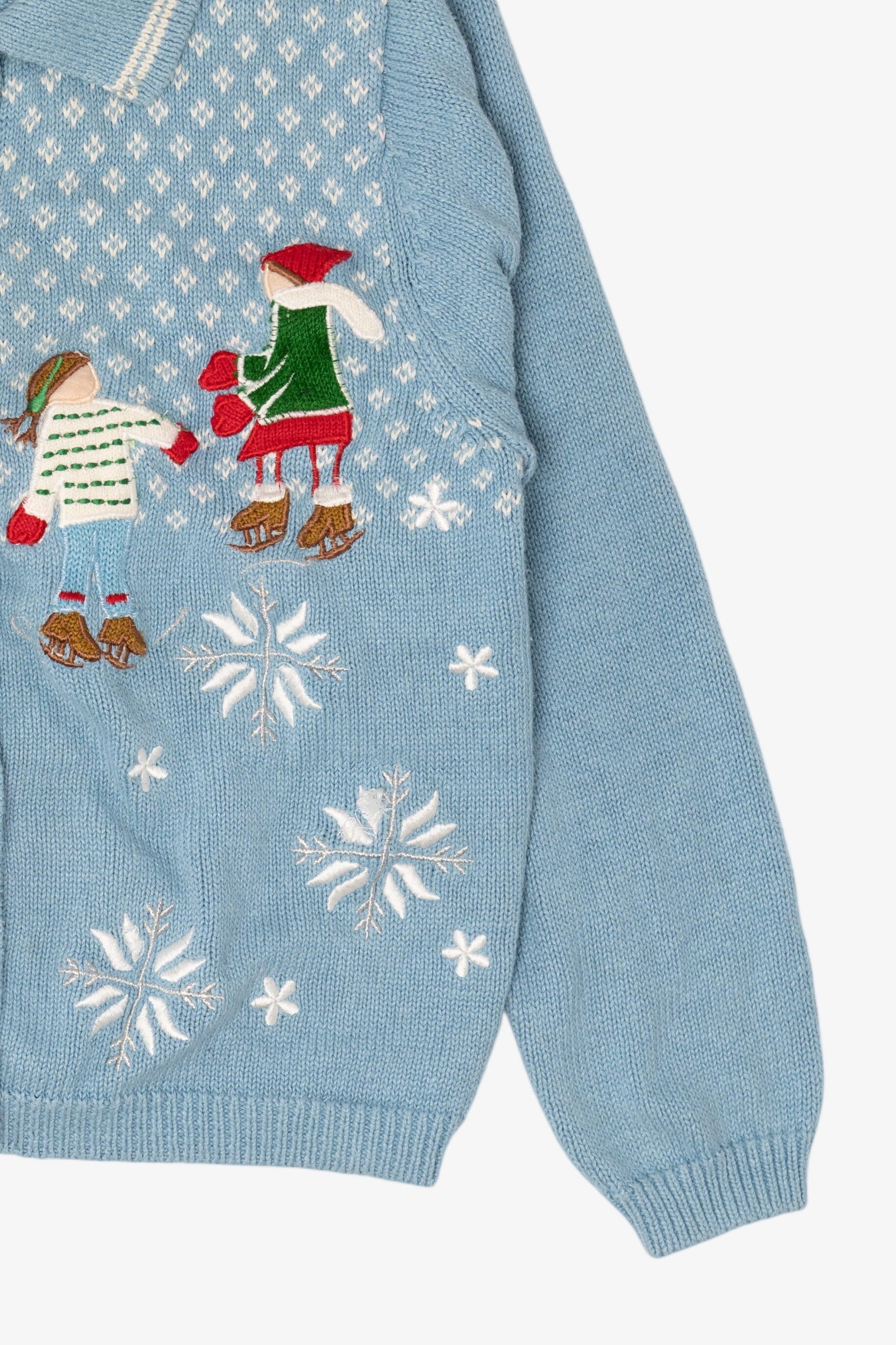 Vintage Light Blue Reference Point Ice Skating Ugly Christmas Cardigan (1990s)