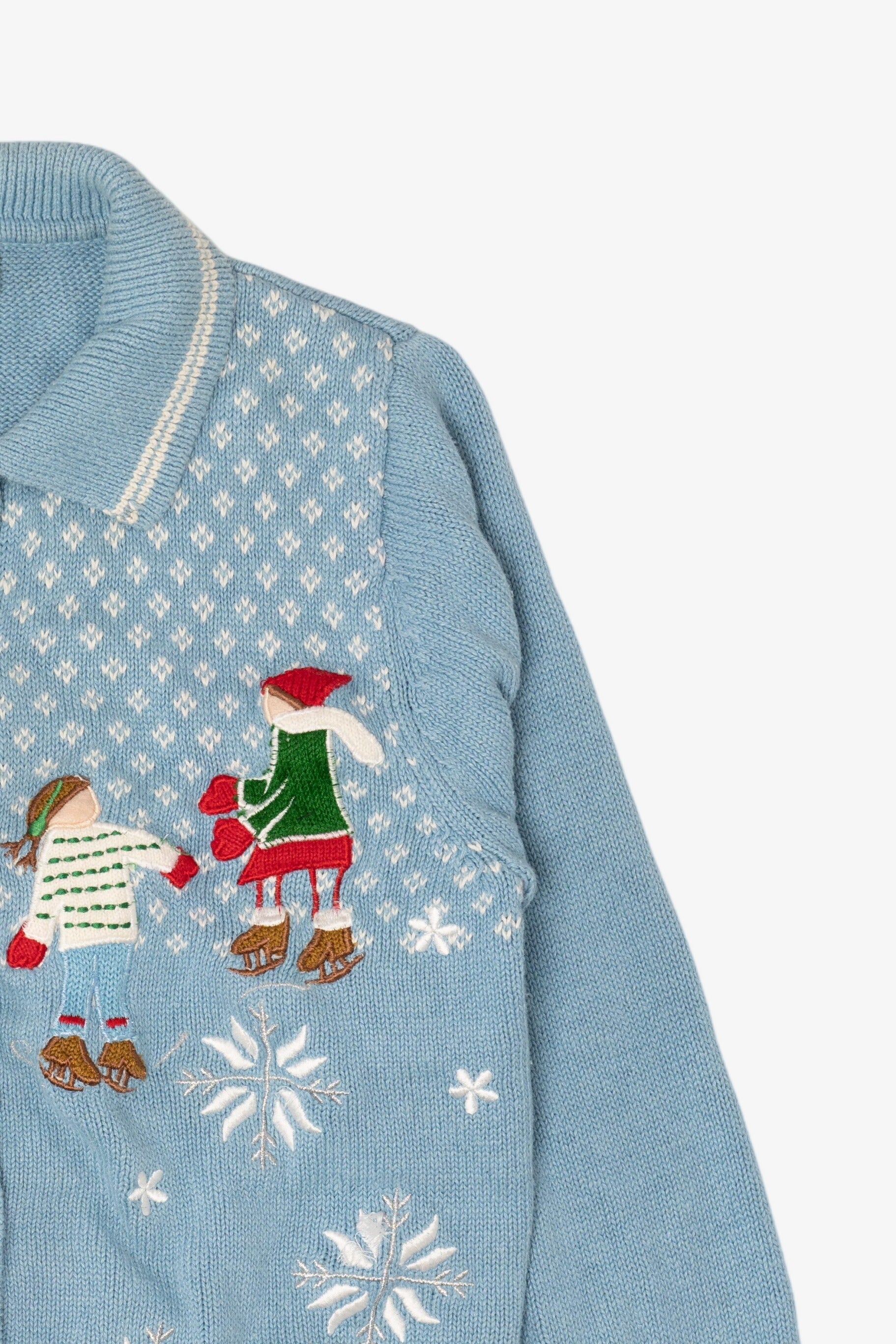 Vintage Light Blue Reference Point Ice Skating Ugly Christmas Cardigan (1990s)
