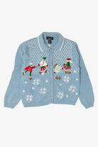 Vintage Light Blue Reference Point Ice Skating Ugly Christmas Cardigan (1990s)