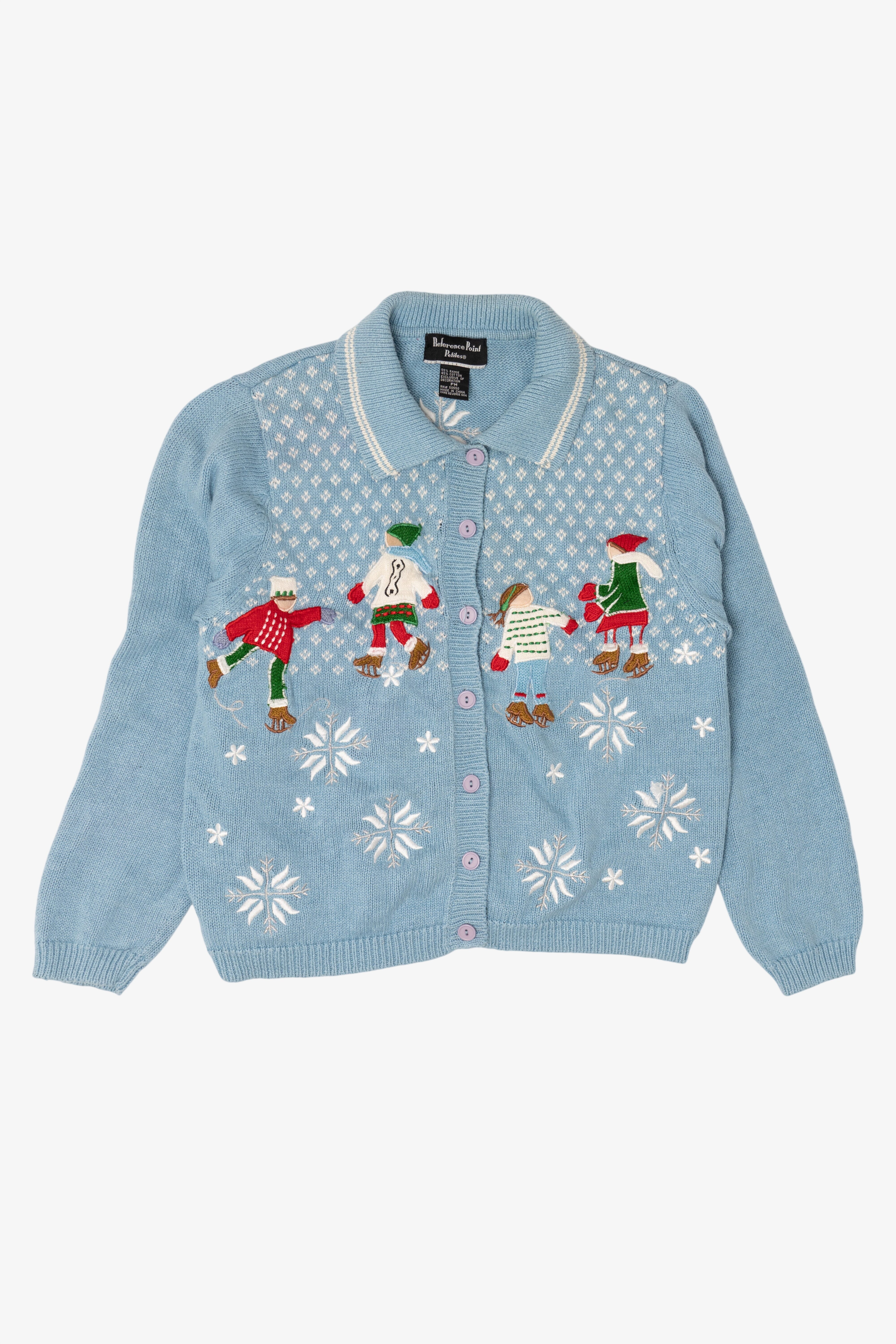 Vintage Light Blue Reference Point Ice Skating Ugly Christmas Cardigan (1990s)