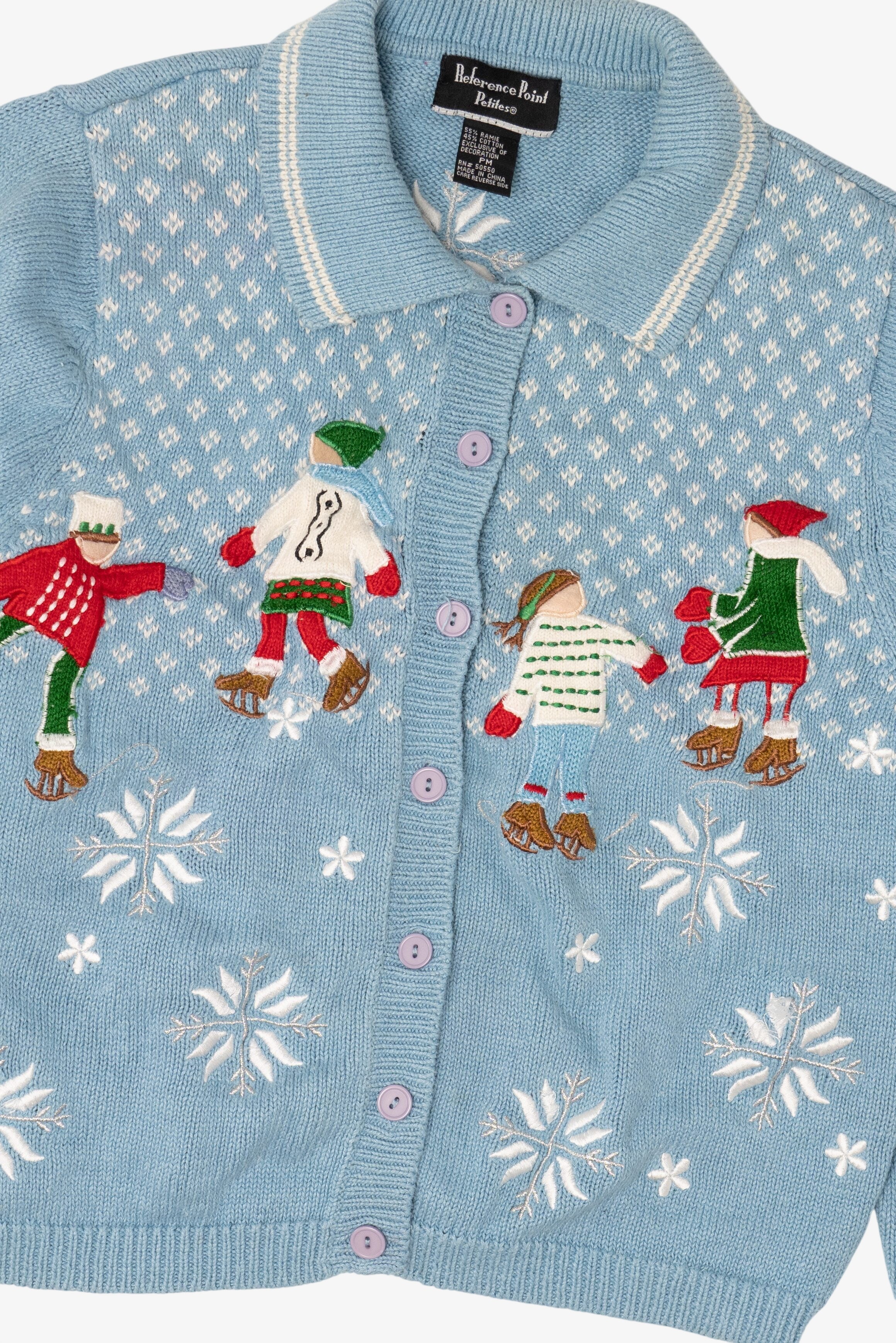 Vintage Light Blue Reference Point Ice Skating Ugly Christmas Cardigan (1990s)