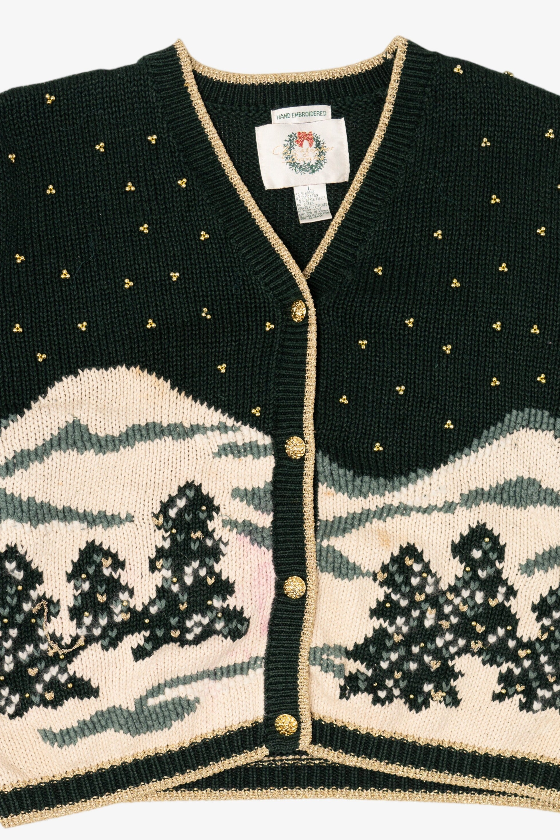 Vintage Hand Embroidered Dark Green Christopher & Banks Landscape Cardigan (1990s)