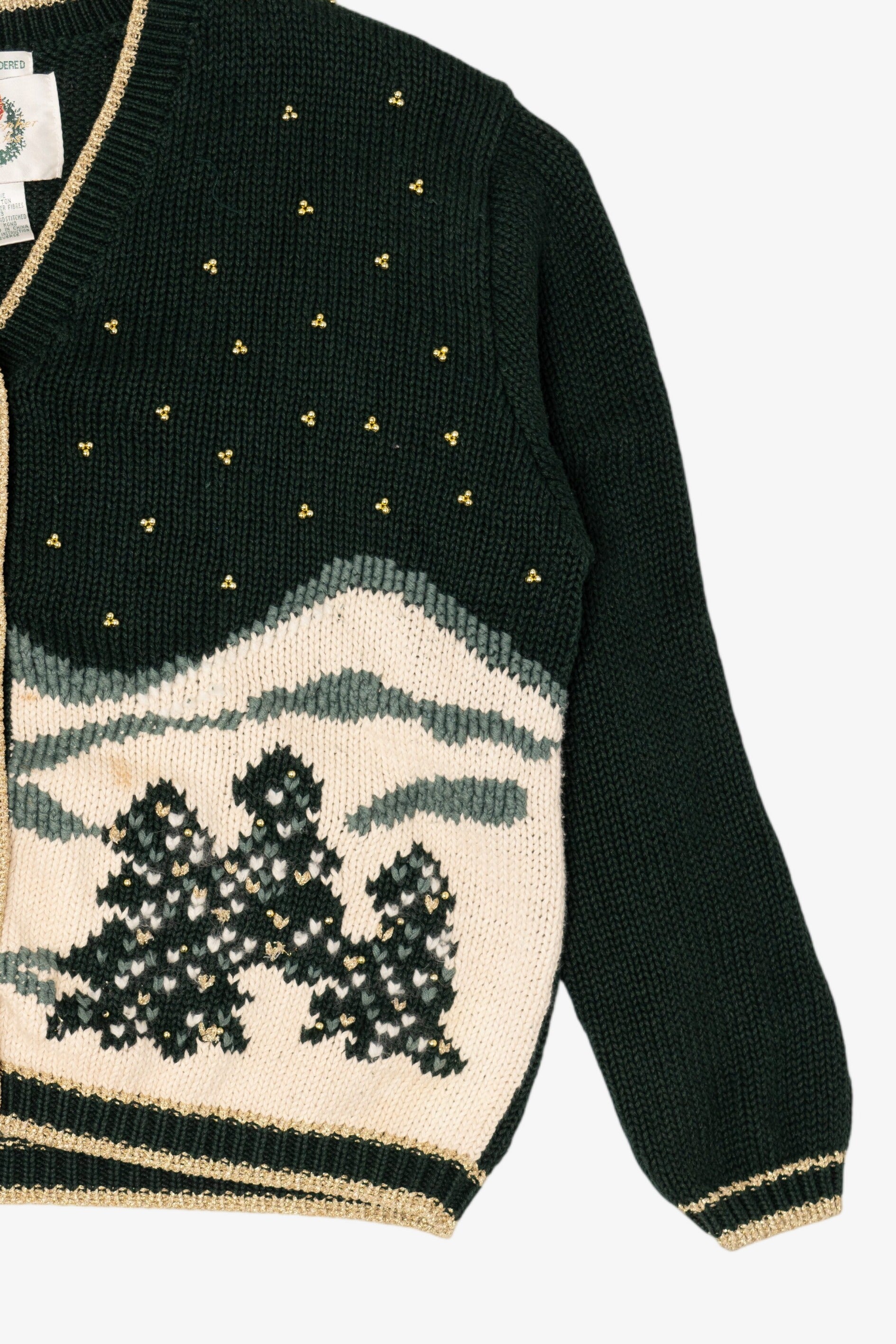 Vintage Hand Embroidered Dark Green Christopher & Banks Landscape Cardigan (1990s)