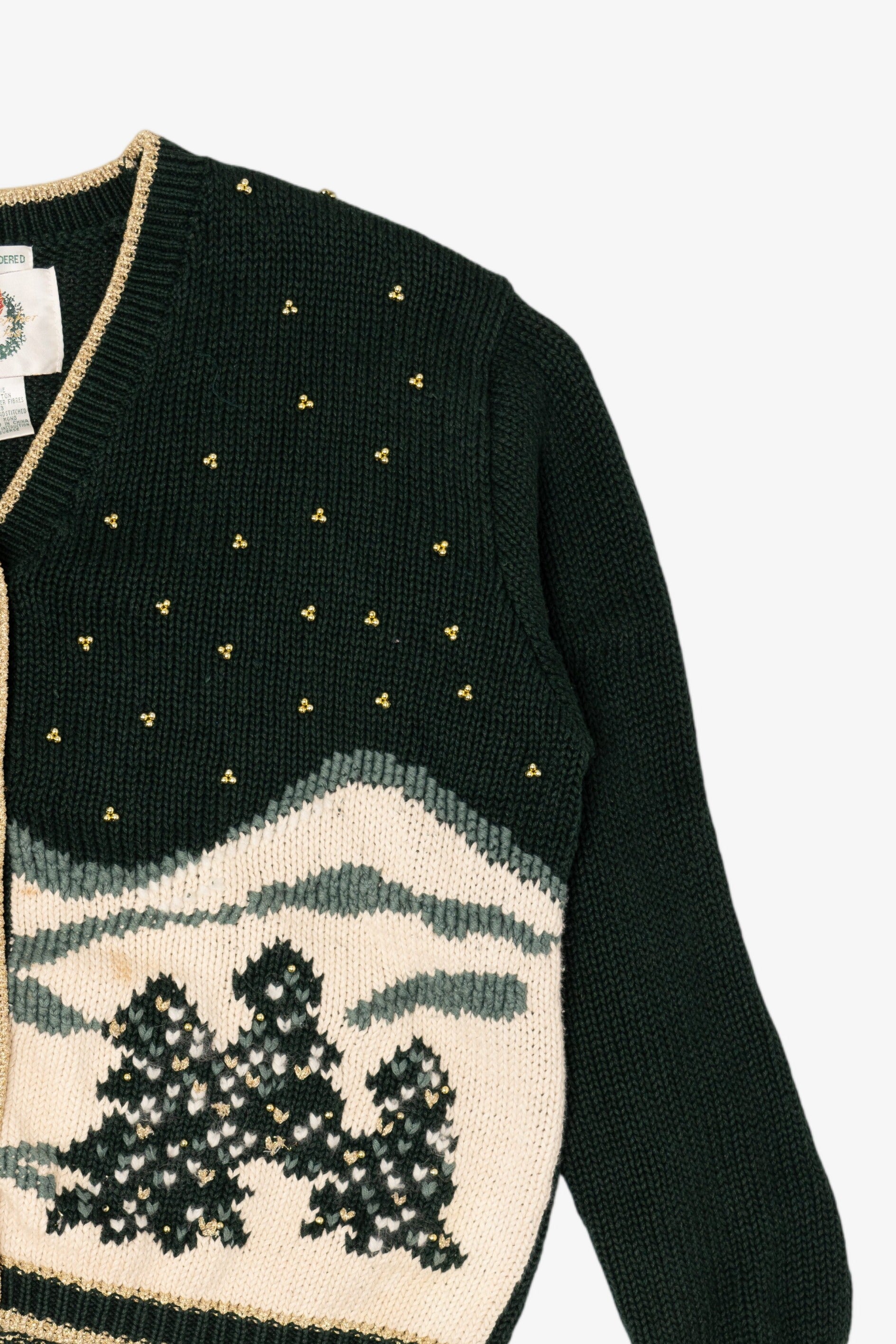 Vintage Hand Embroidered Dark Green Christopher & Banks Landscape Cardigan (1990s)