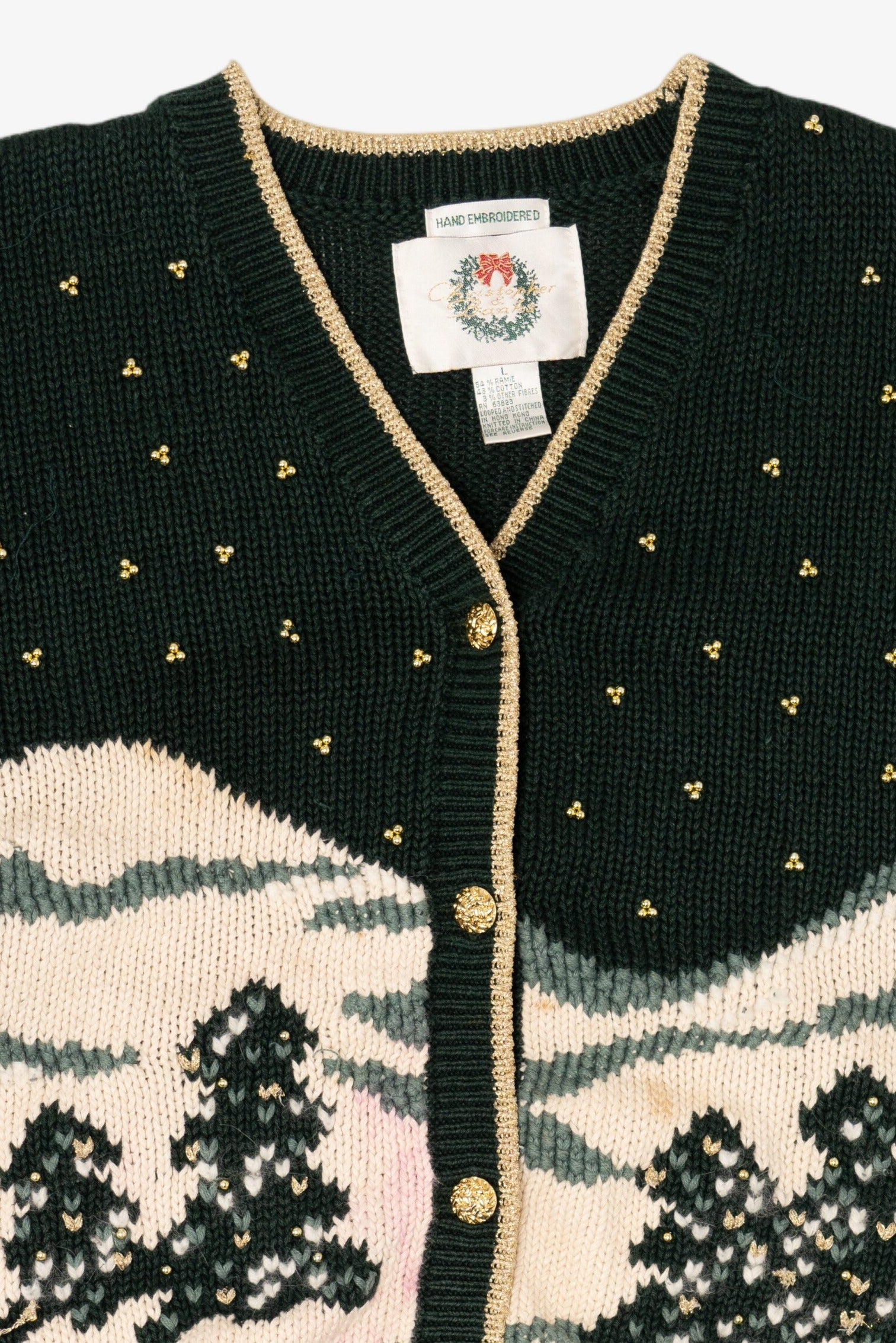 Vintage Hand Embroidered Dark Green Christopher & Banks Landscape Cardigan (1990s)