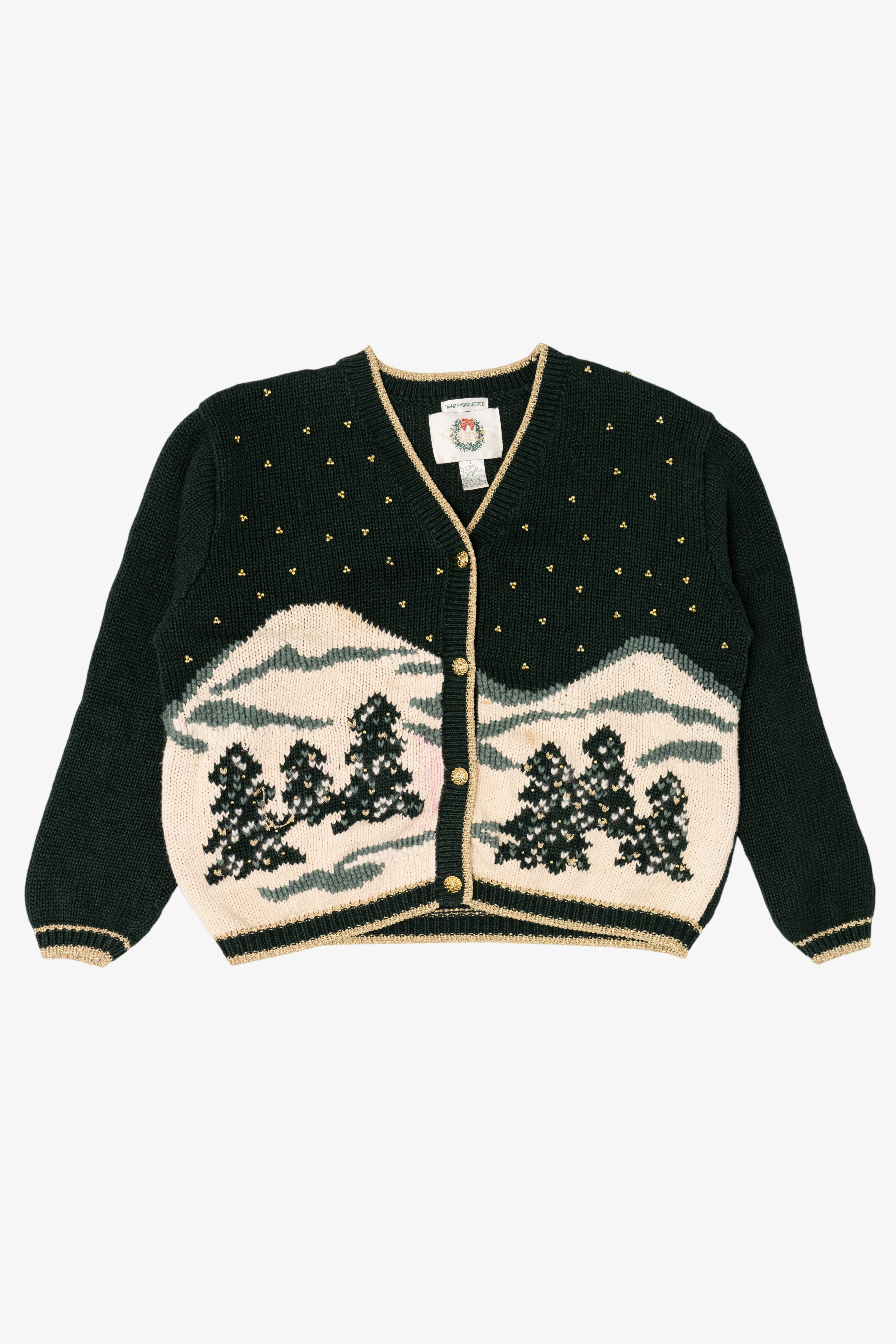 Vintage Hand Embroidered Dark Green Christopher & Banks Landscape Cardigan (1990s)