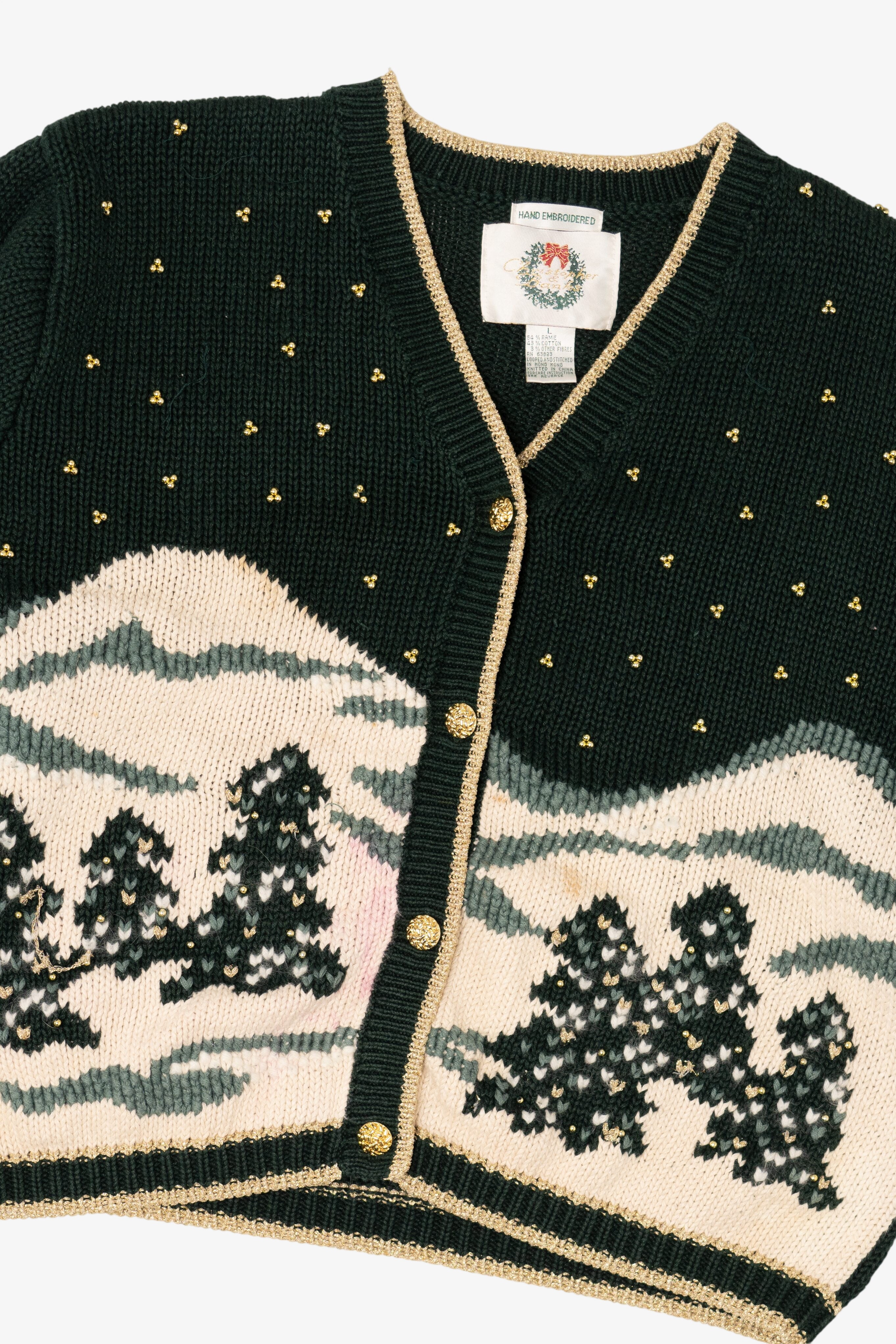 Vintage Hand Embroidered Dark Green Christopher & Banks Landscape Cardigan (1990s)