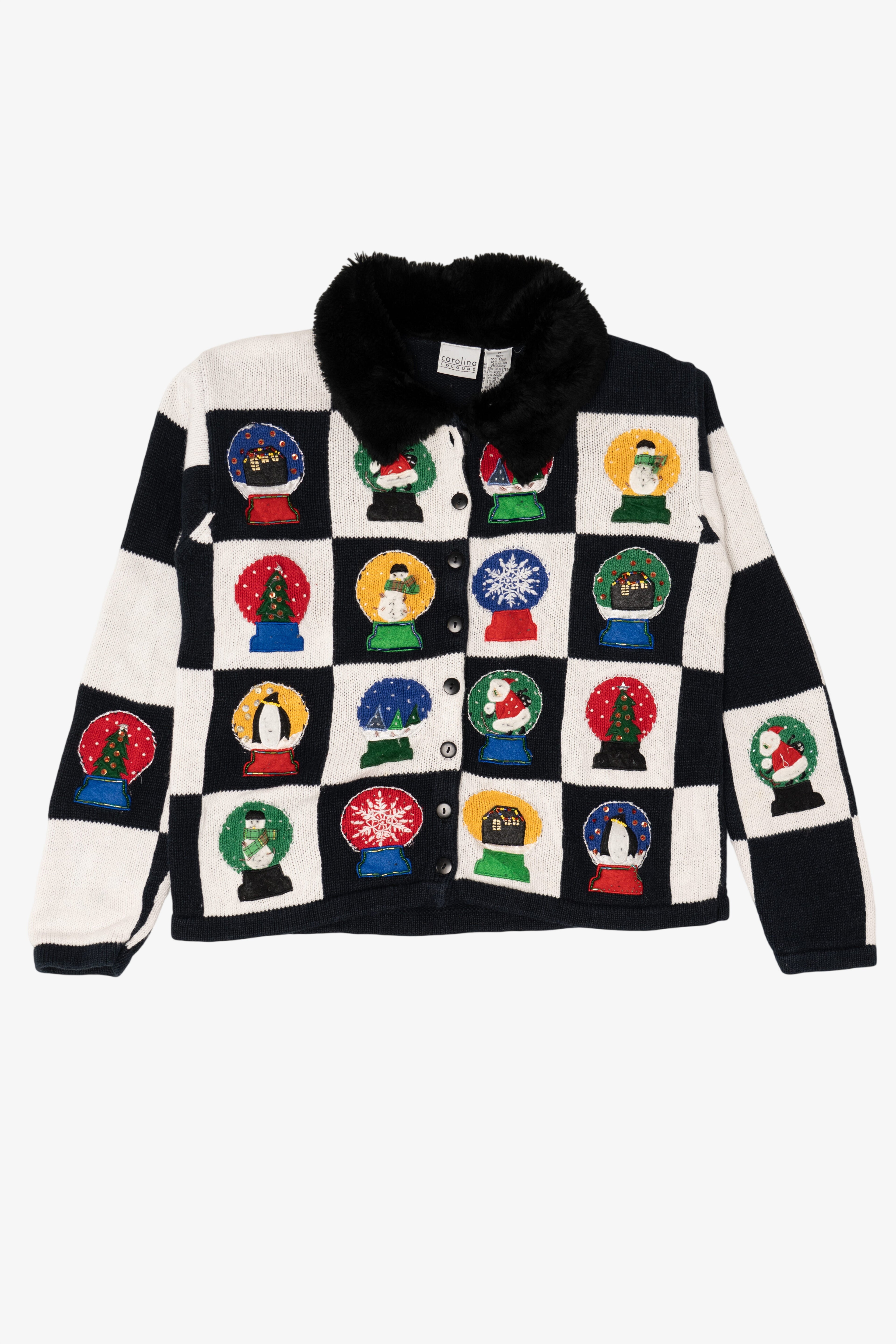 Vintage Checkered Carolina Colours Snowglobes Ugly Christmas Cardigan (1990s)