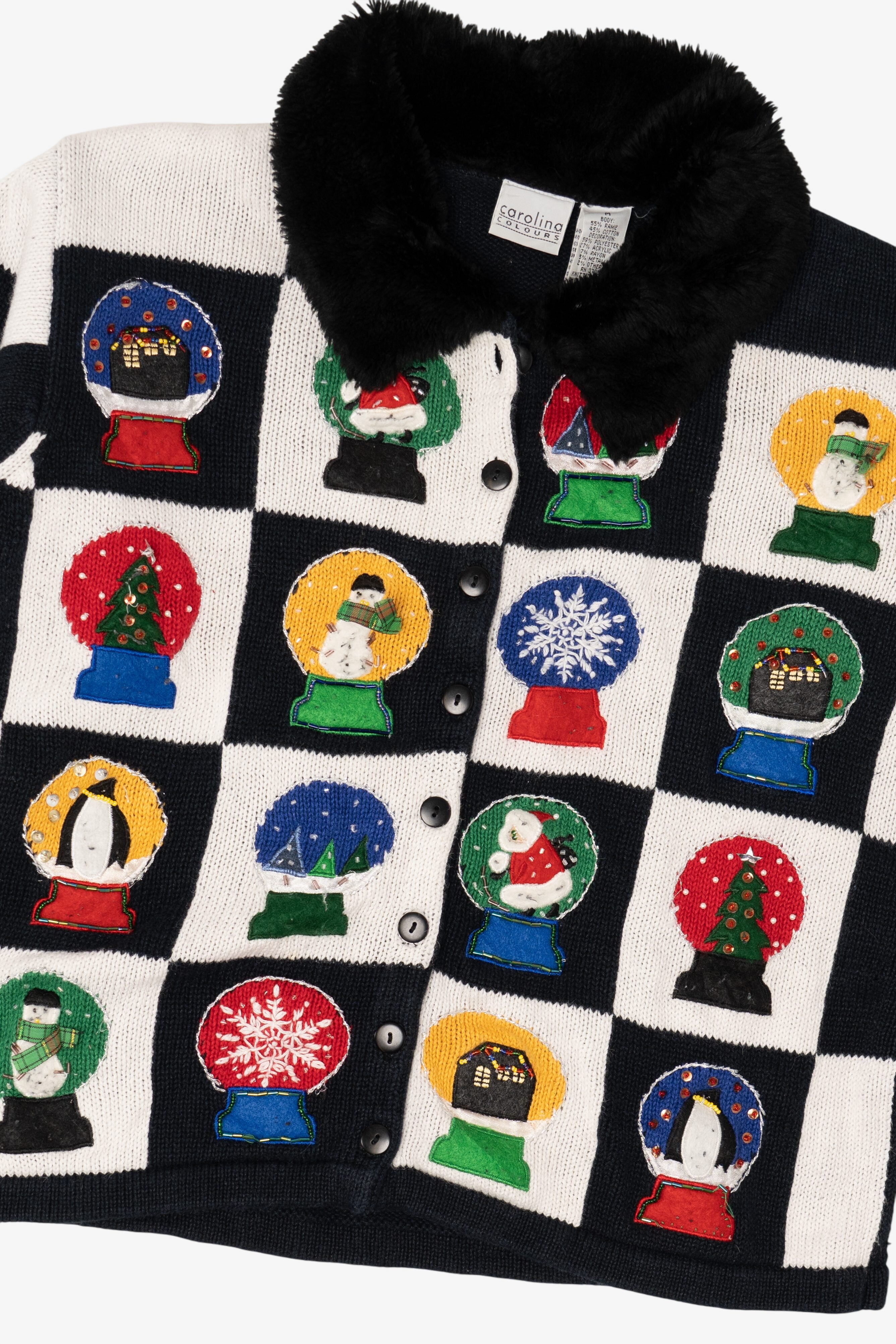 Vintage Checkered Carolina Colours Snowglobes Ugly Christmas Cardigan (1990s)