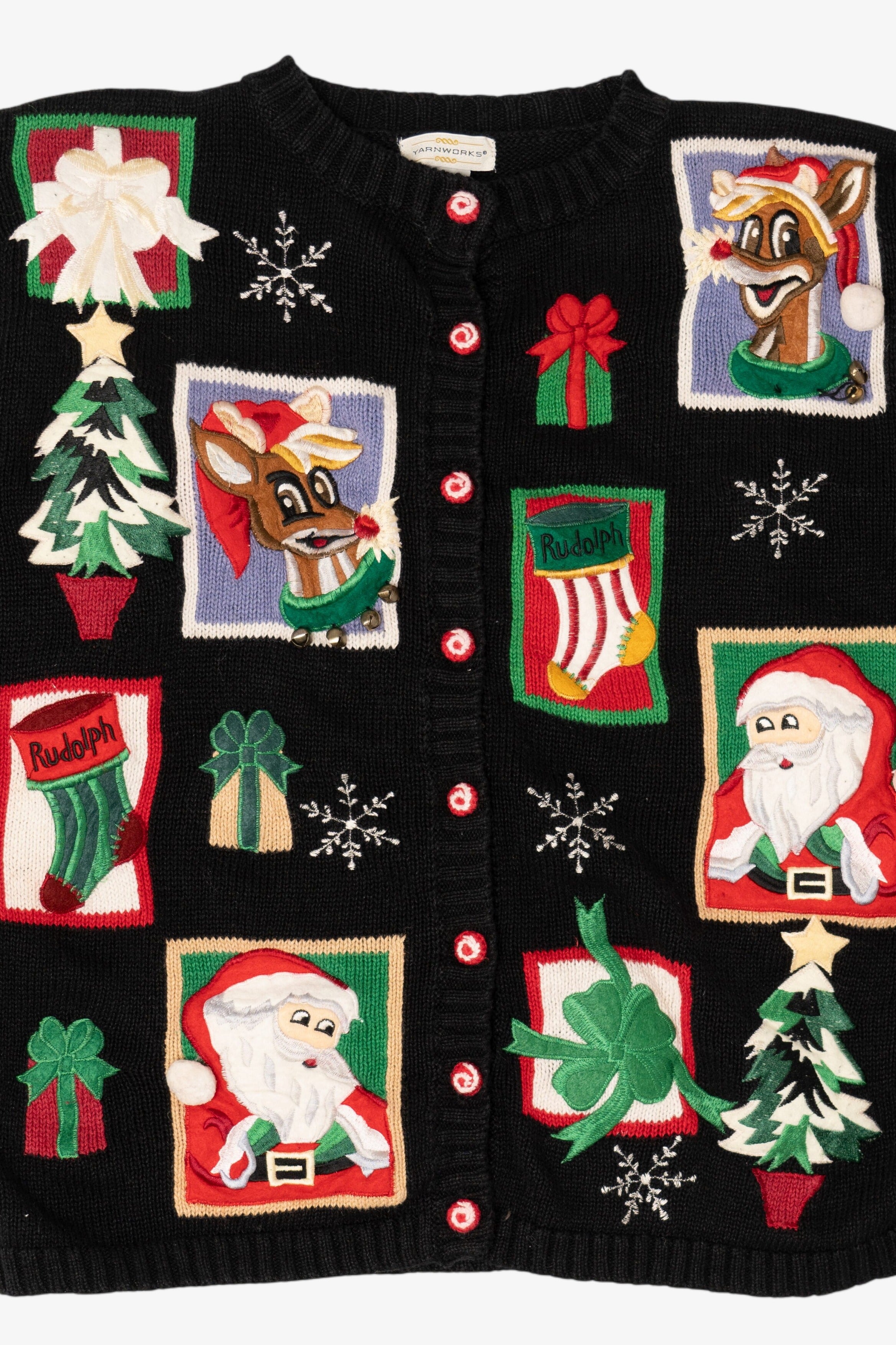 Vintage Black Yarnworks Rudolph Reindeer Ugly Christmas Cardigan (1990s)