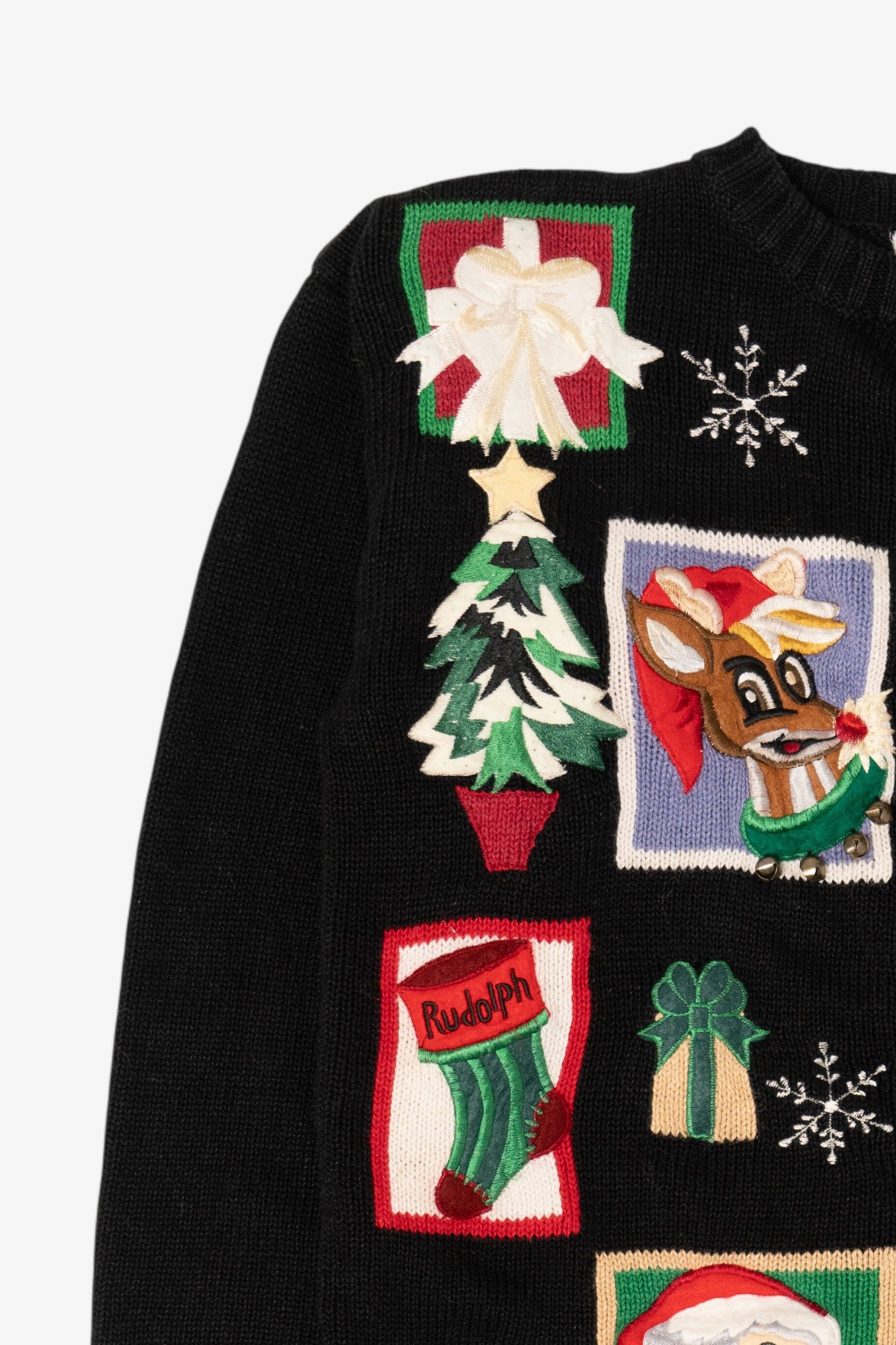 Vintage Black Yarnworks Rudolph Reindeer Ugly Christmas Cardigan (1990s)