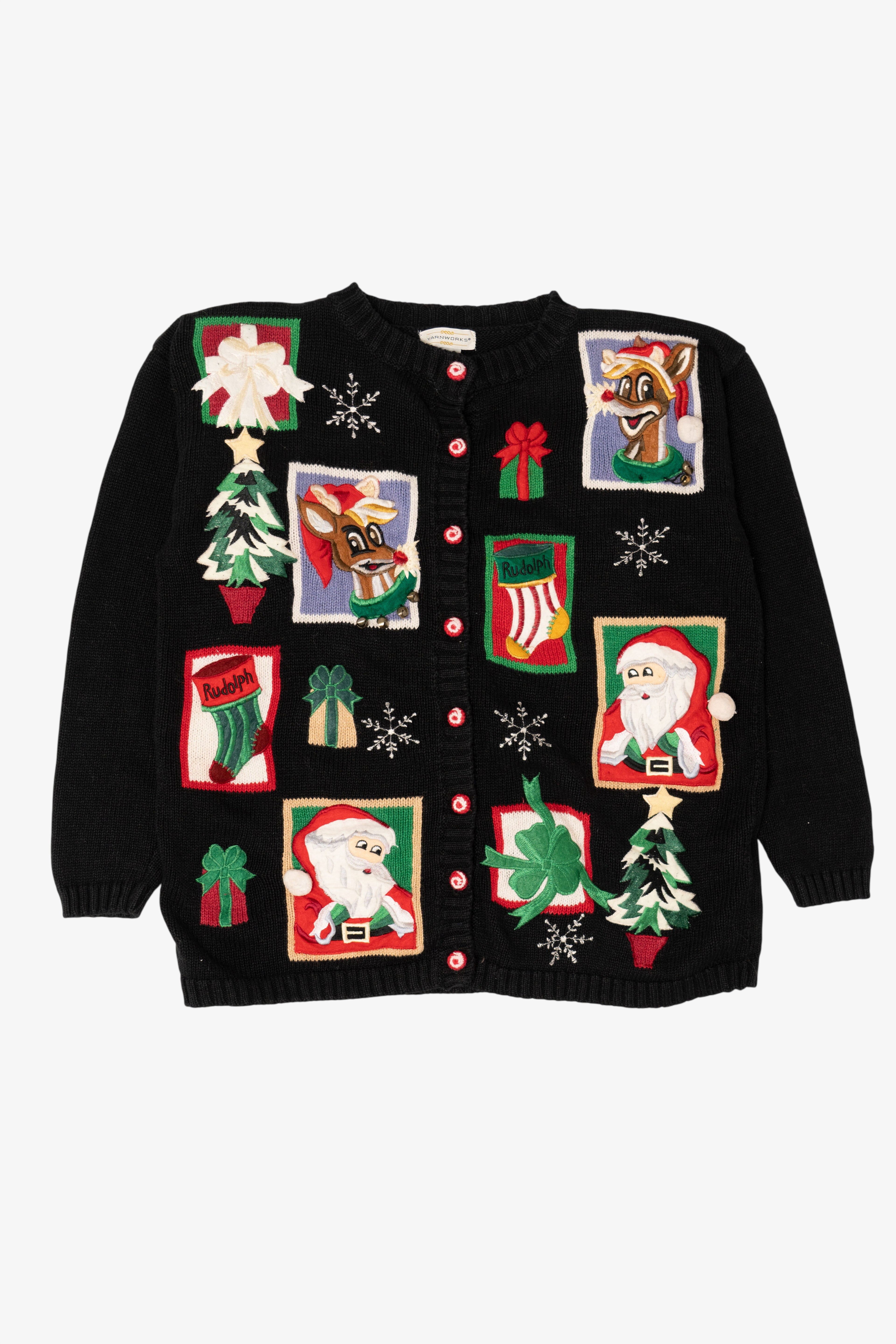 Vintage Black Yarnworks Rudolph Reindeer Ugly Christmas Cardigan (1990s)