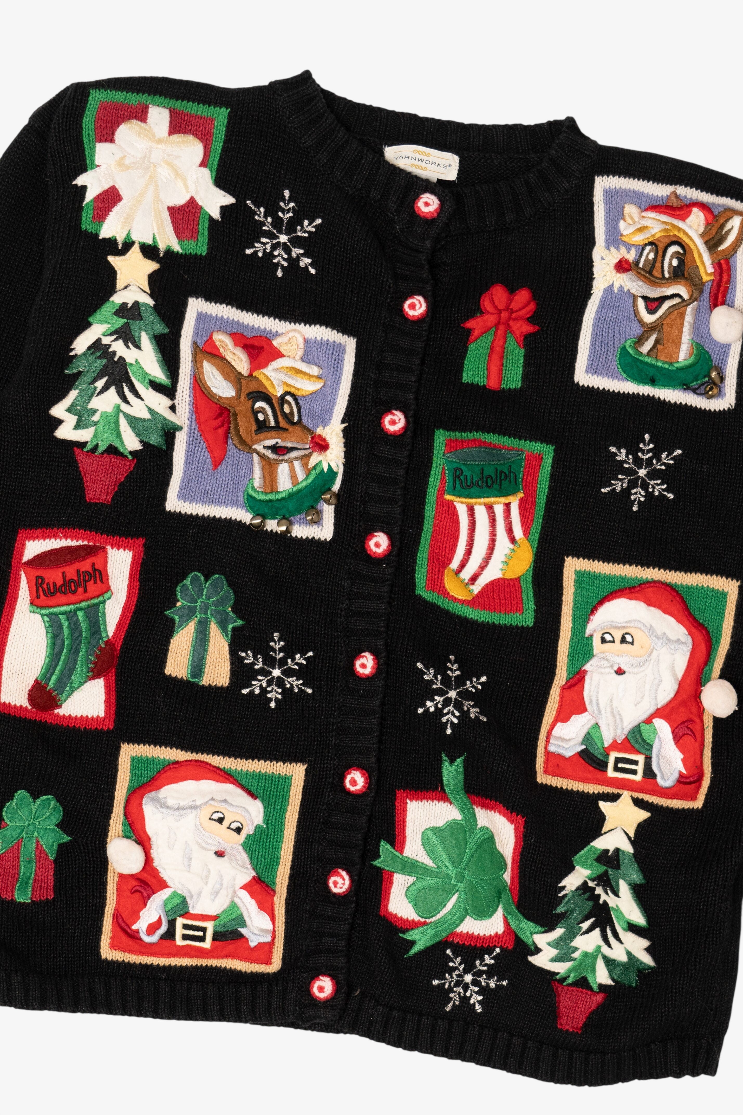 Vintage Black Yarnworks Rudolph Reindeer Ugly Christmas Cardigan (1990s)