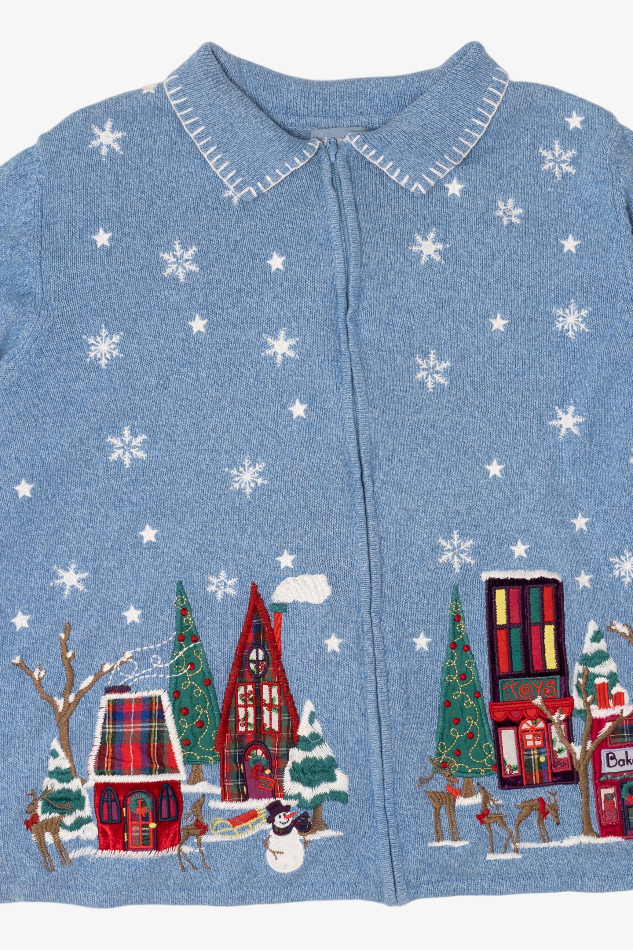 Vintage Light Blue Liz & Me Winter Town Ugly Christmas Cardigan (2000s)
