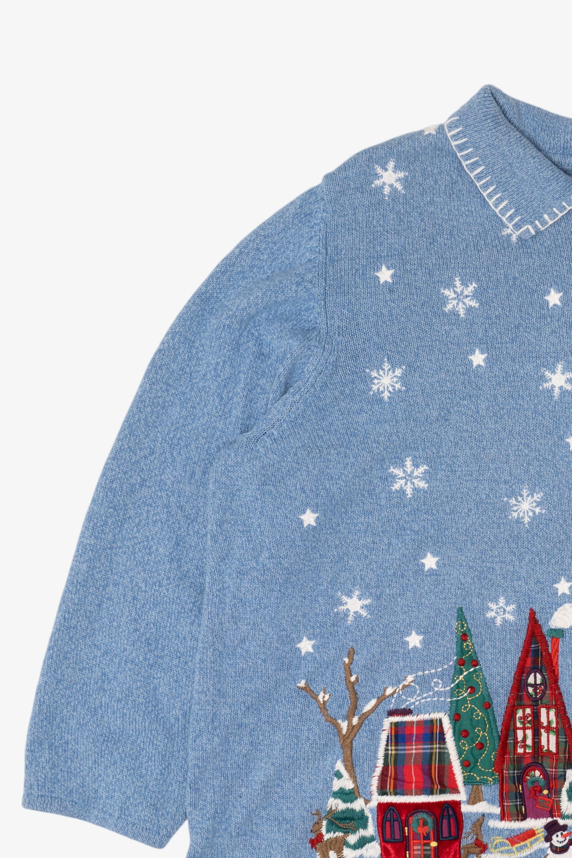 Vintage Light Blue Liz & Me Winter Town Ugly Christmas Cardigan (2000s)