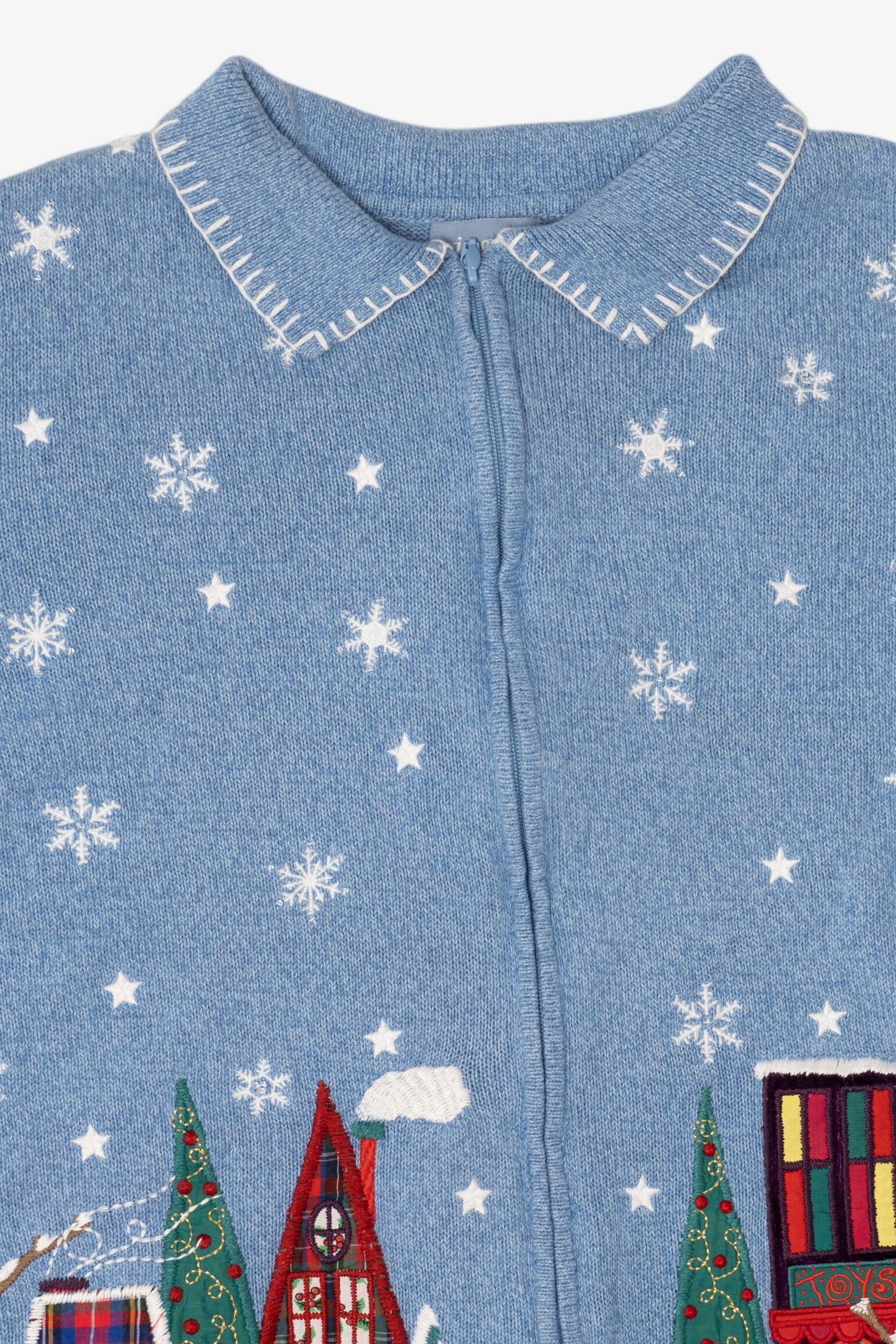 Vintage Light Blue Liz & Me Winter Town Ugly Christmas Cardigan (2000s)