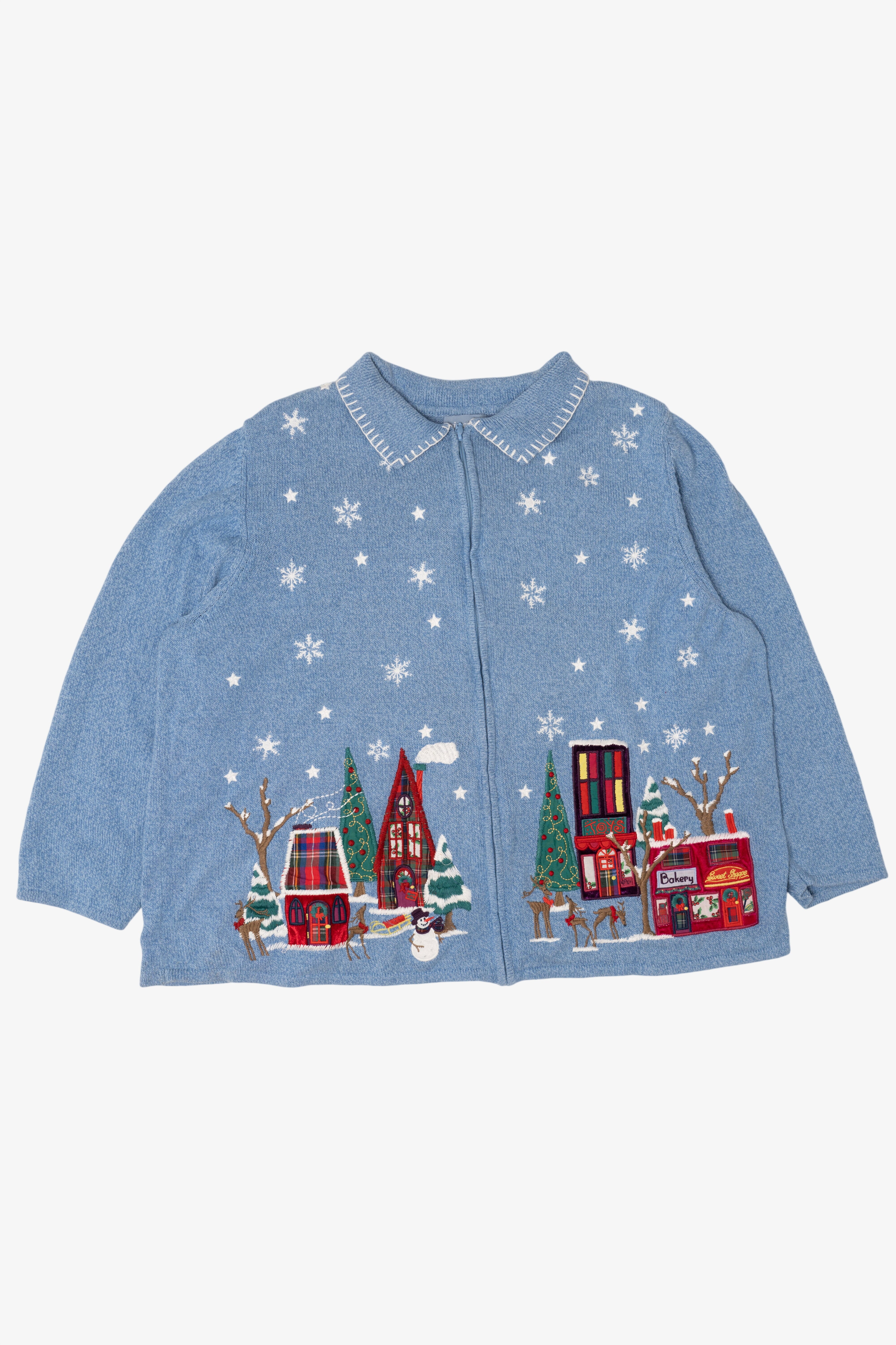 Vintage Light Blue Liz & Me Winter Town Ugly Christmas Cardigan (2000s)