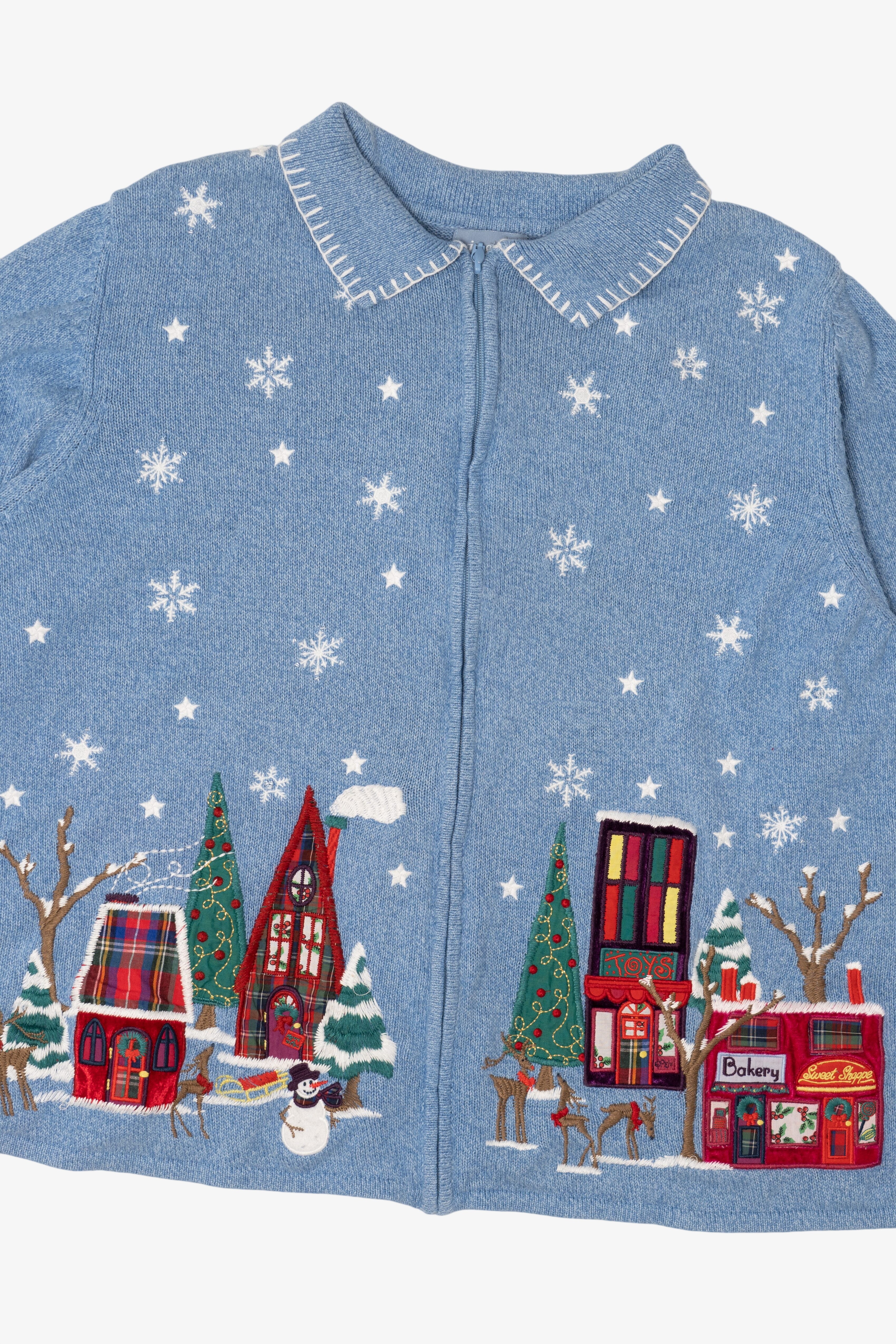 Vintage Light Blue Liz & Me Winter Town Ugly Christmas Cardigan (2000s)