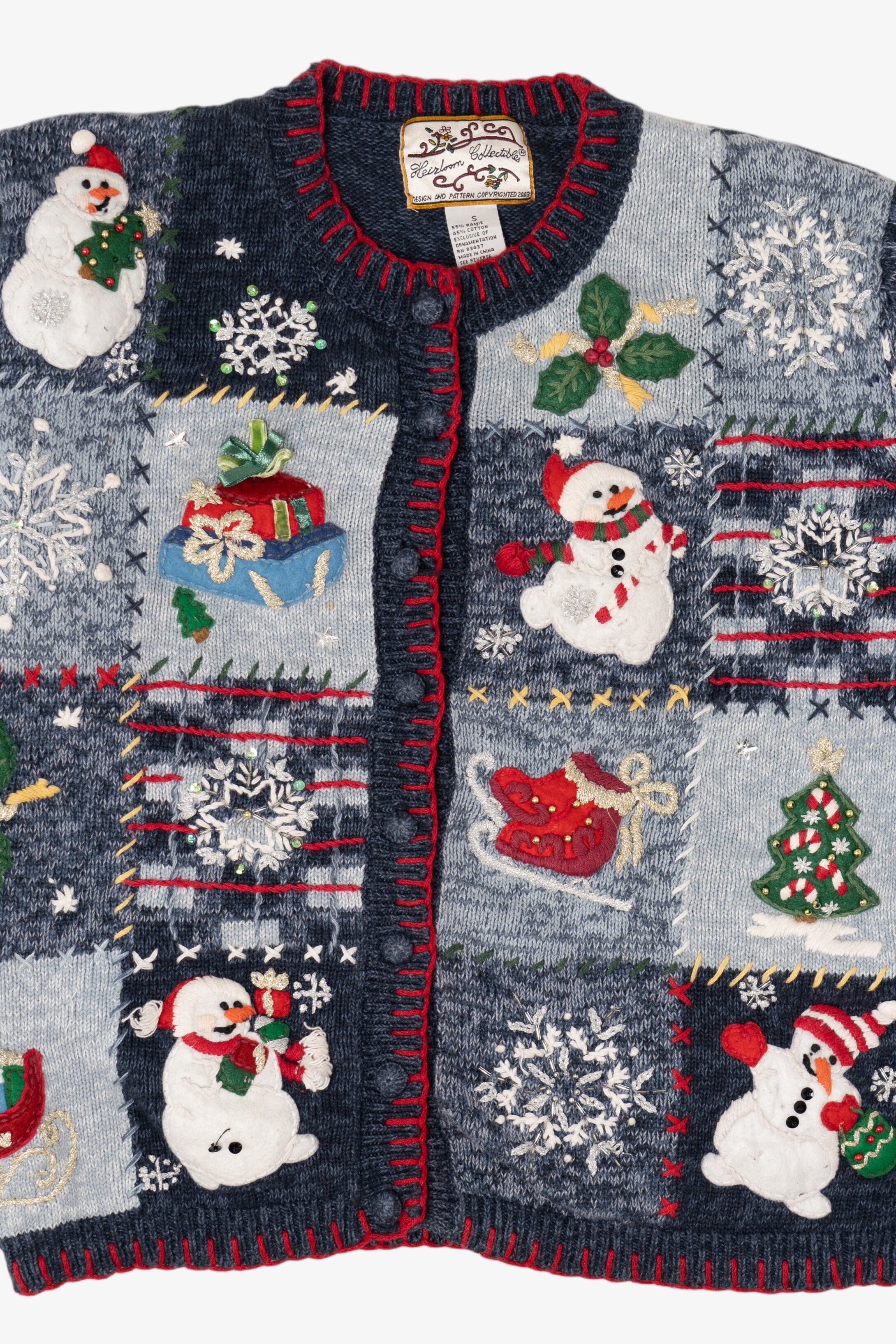 Vintage Navy Blue Heirloom Collectible Snowmen Christmas Cardigan (2000s)