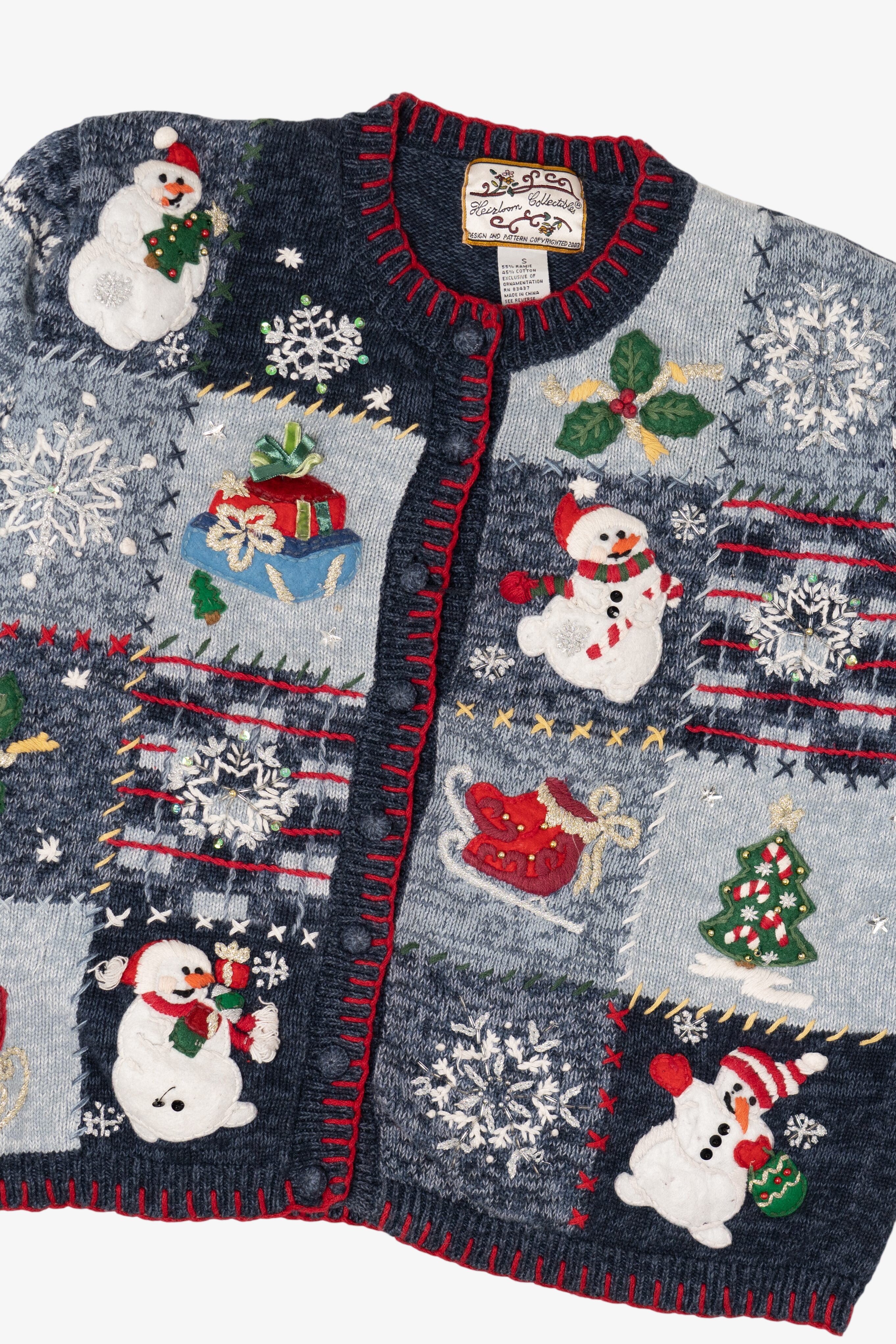 Vintage Navy Blue Heirloom Collectible Snowmen Christmas Cardigan (2000s)