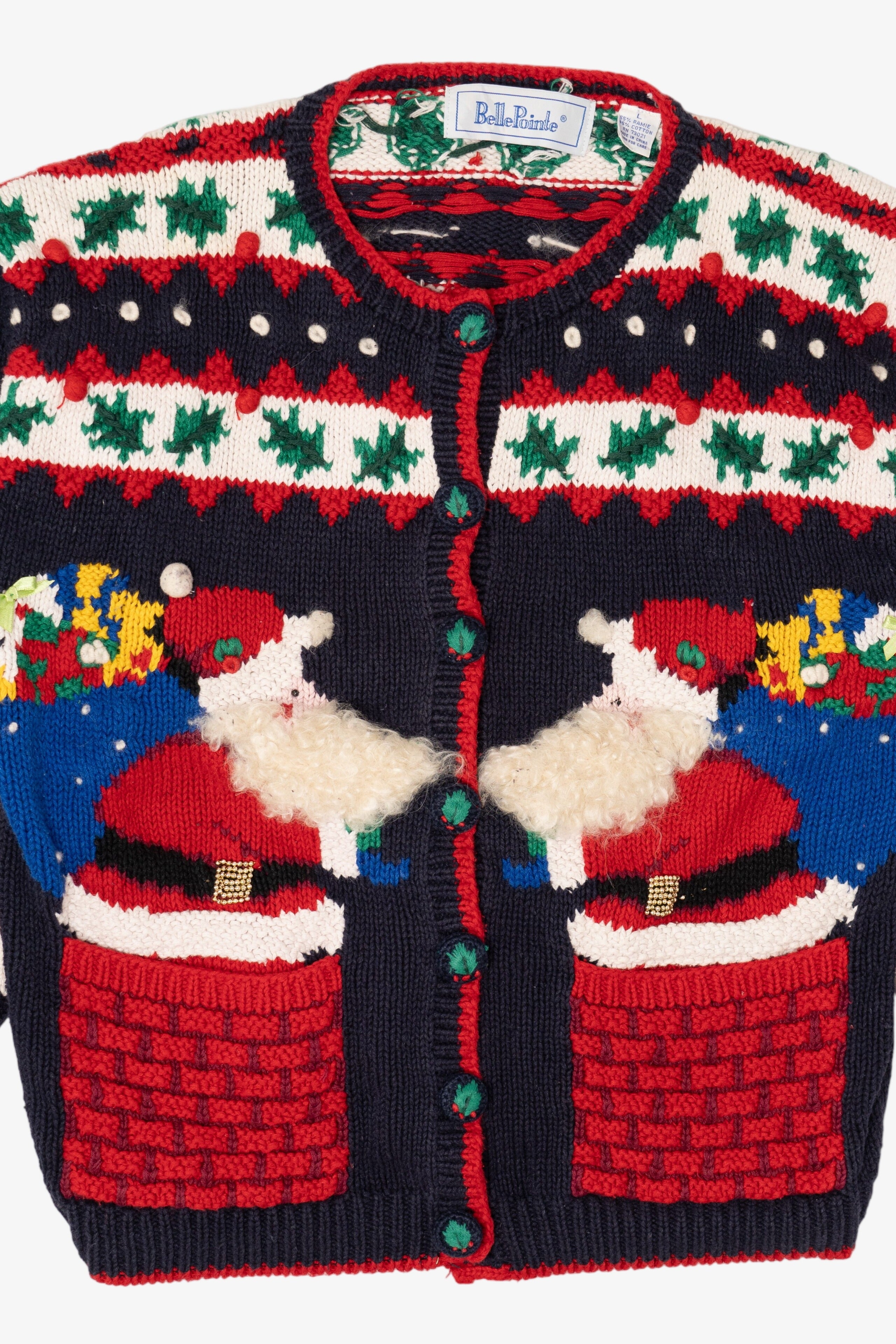 Vintage Navy Blue Belle Pointe Santa Ugly Christmas Cardigan (1990s)