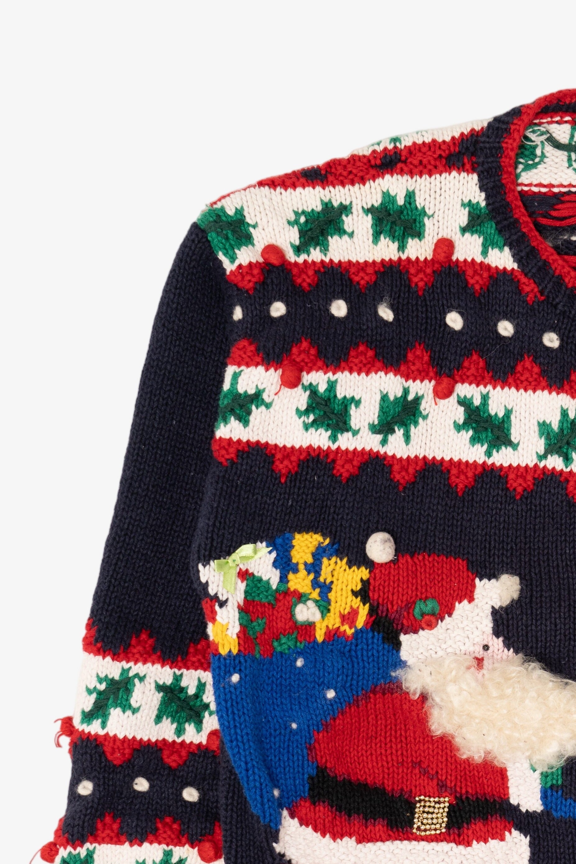 Vintage Navy Blue Belle Pointe Santa Ugly Christmas Cardigan (1990s)