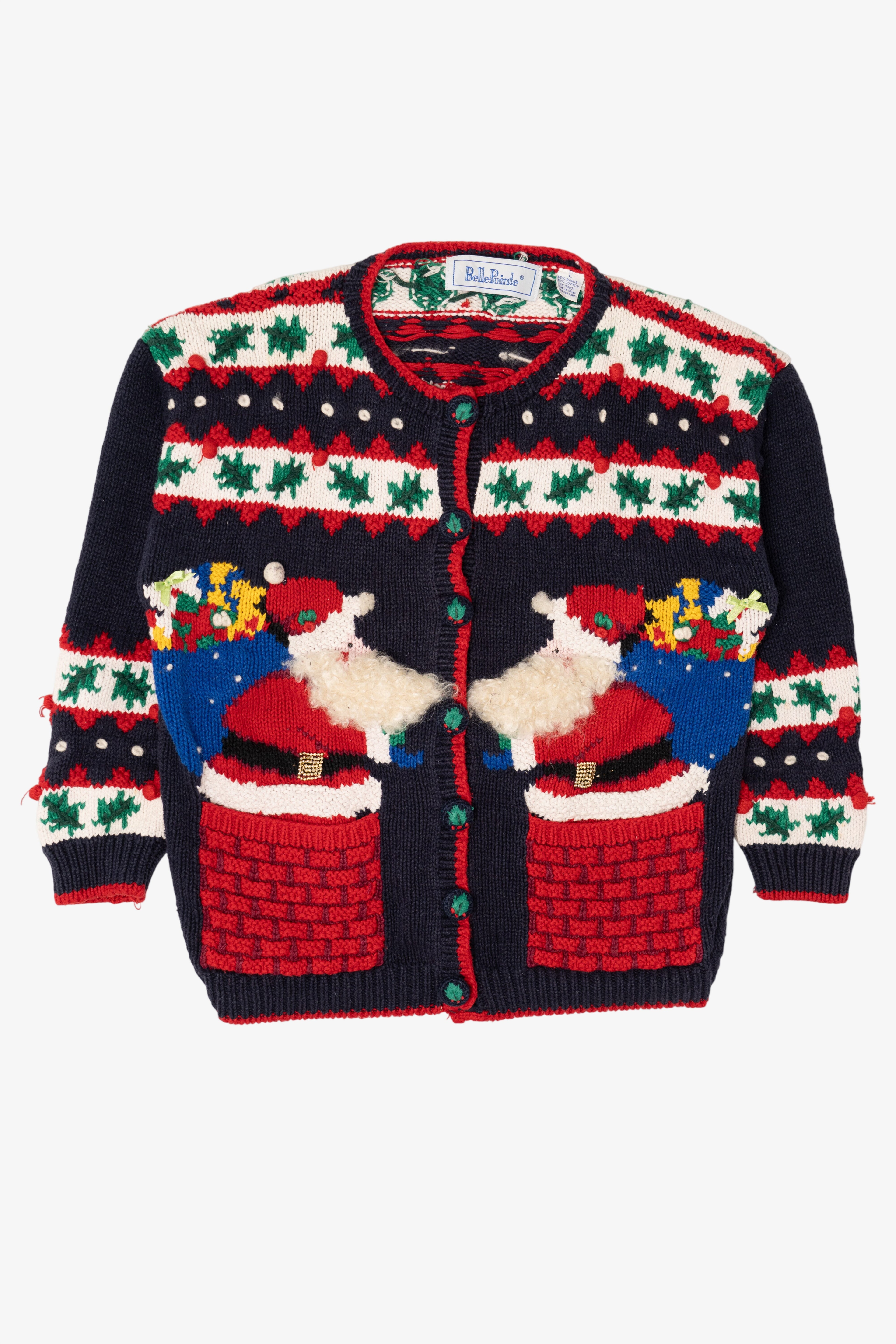 Vintage Navy Blue Belle Pointe Santa Ugly Christmas Cardigan (1990s)