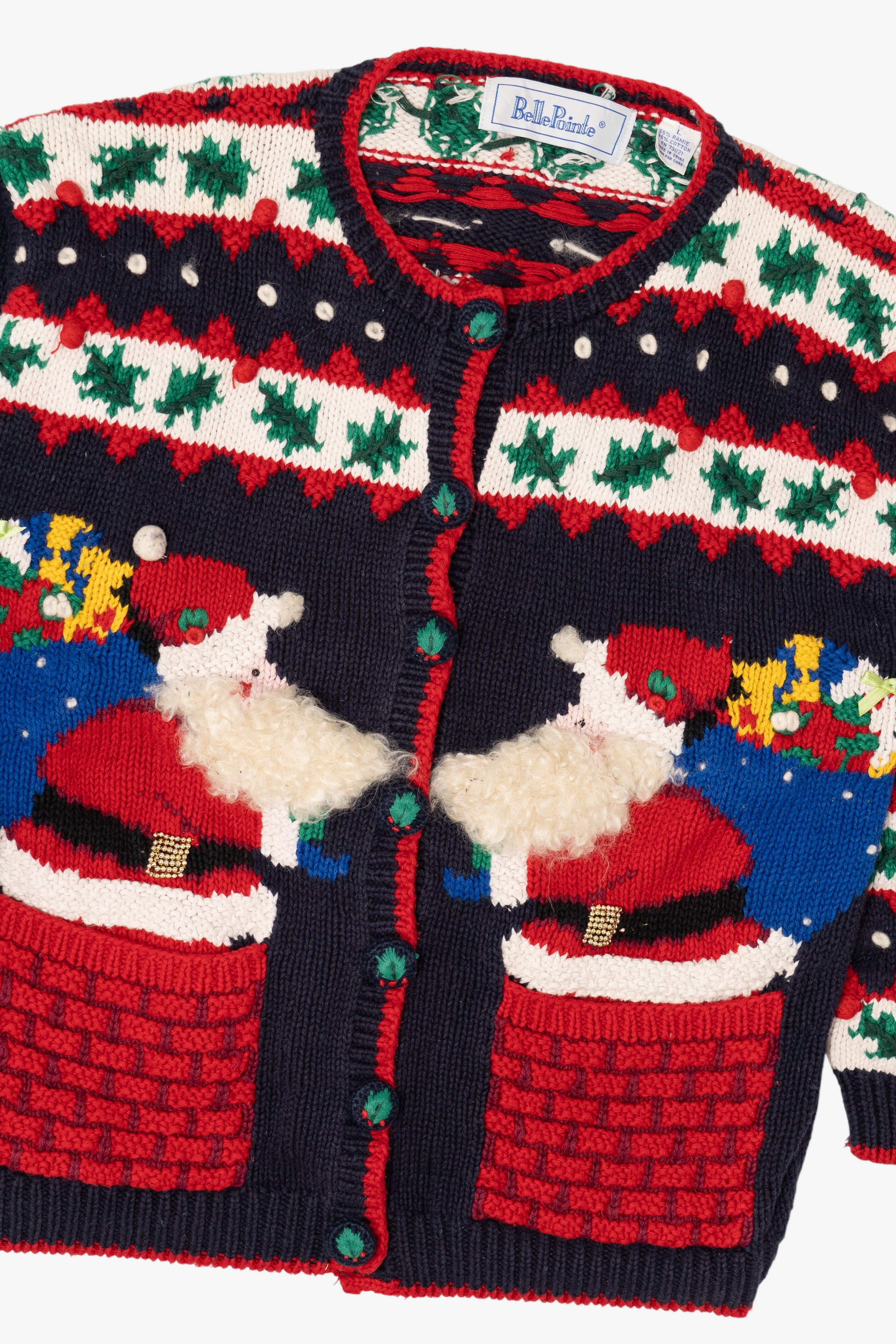 Vintage Navy Blue Belle Pointe Santa Ugly Christmas Cardigan (1990s)