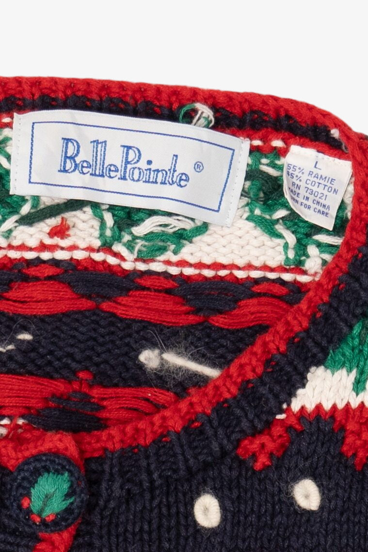 Vintage Navy Blue Belle Pointe Santa Ugly Christmas Cardigan (1990s)