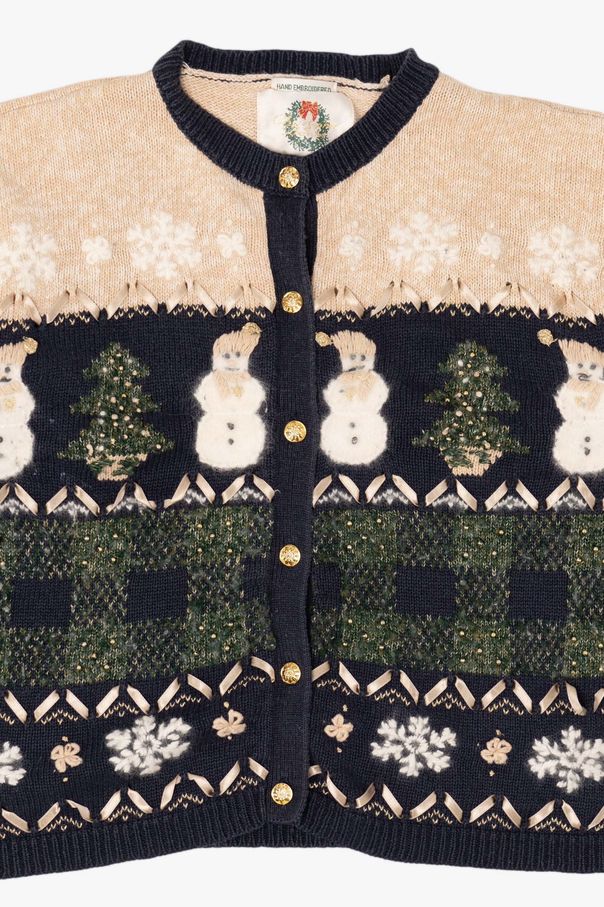 Vintage Beige Christopher & Banks Snowmen Ugly Christmas Cardigan (1990s)