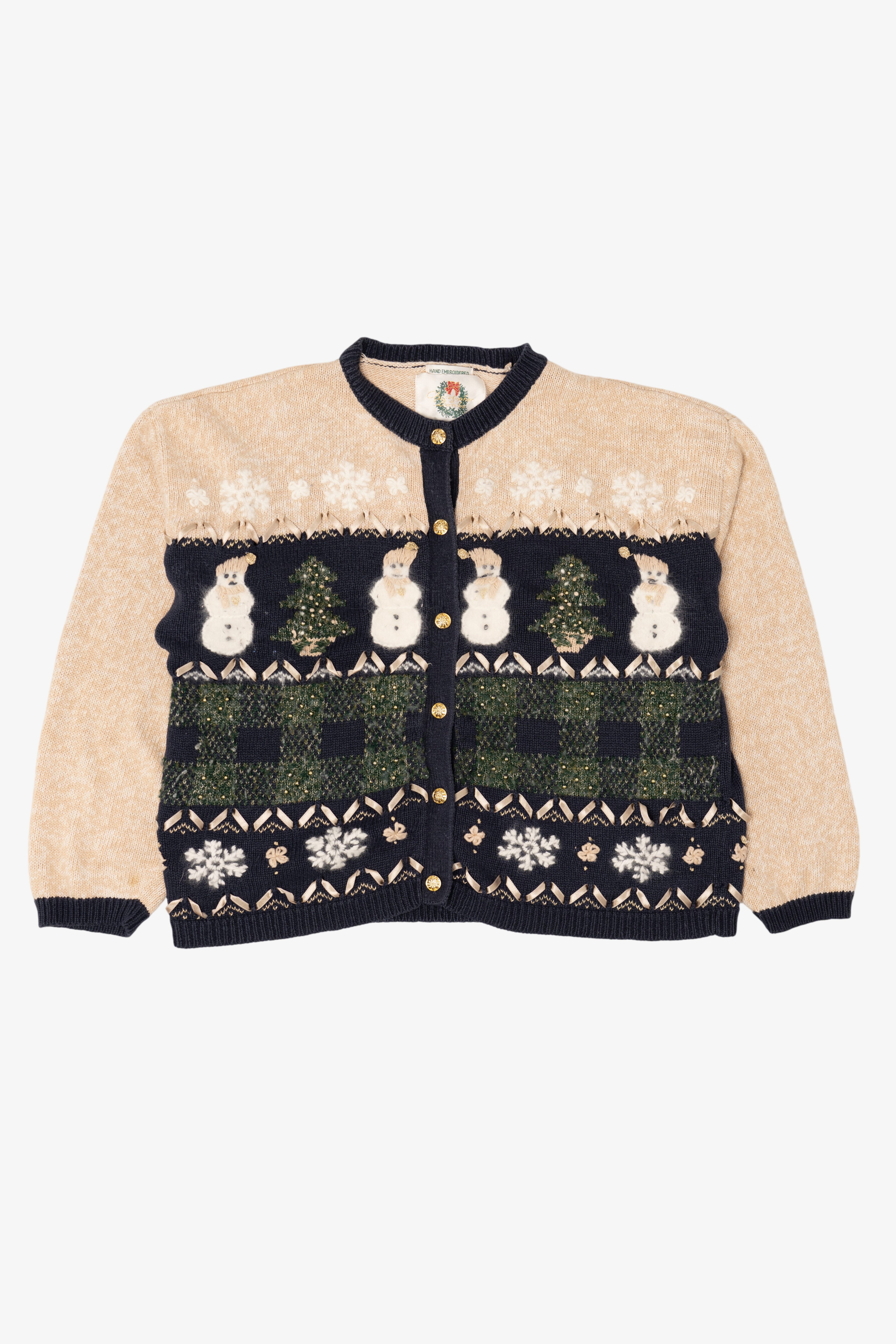 Vintage Beige Christopher & Banks Snowmen Ugly Christmas Cardigan (1990s)