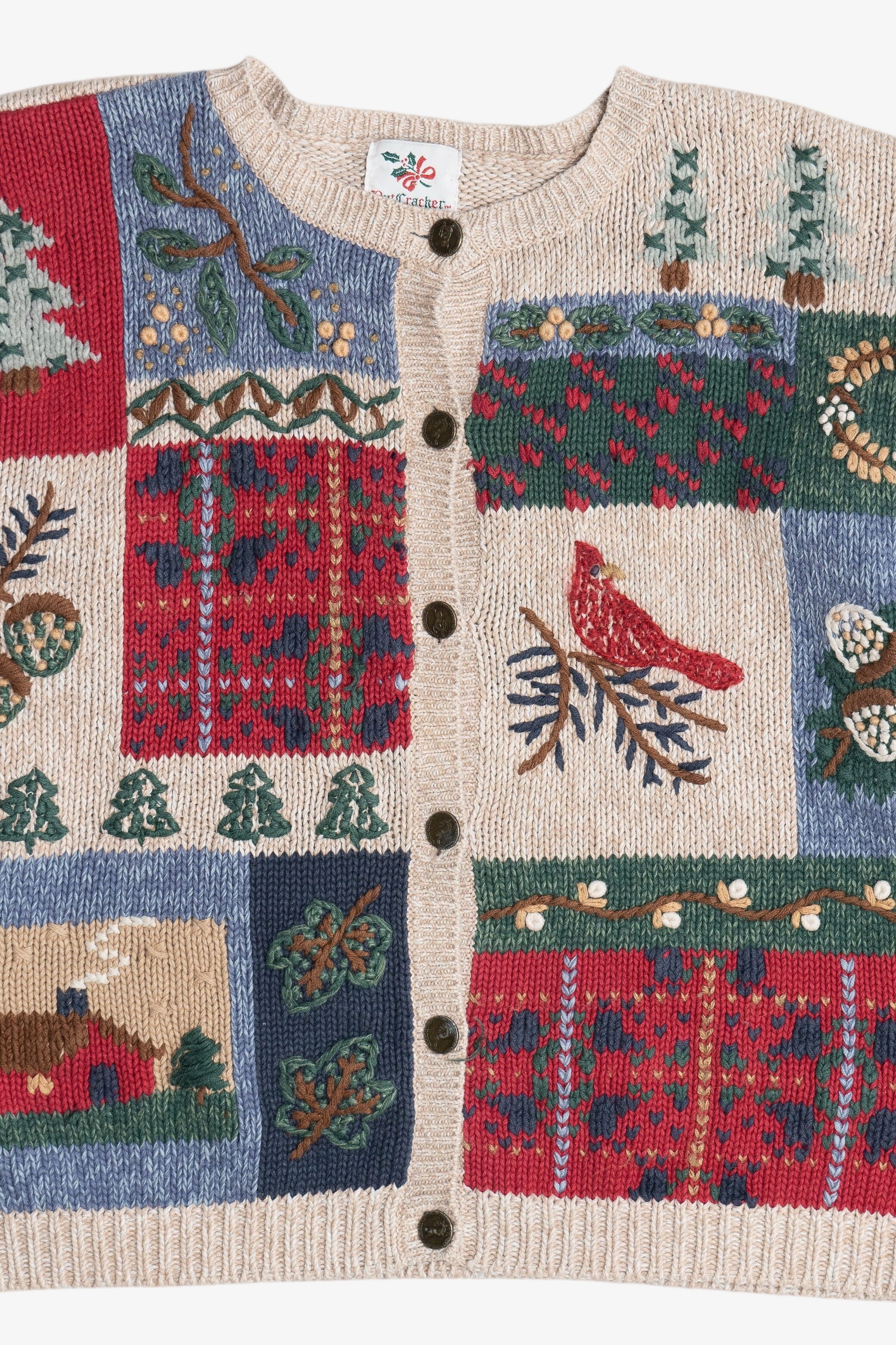 Vintage Rustic Cardinal Quilt Ugly Christmas Sweater (1980s)