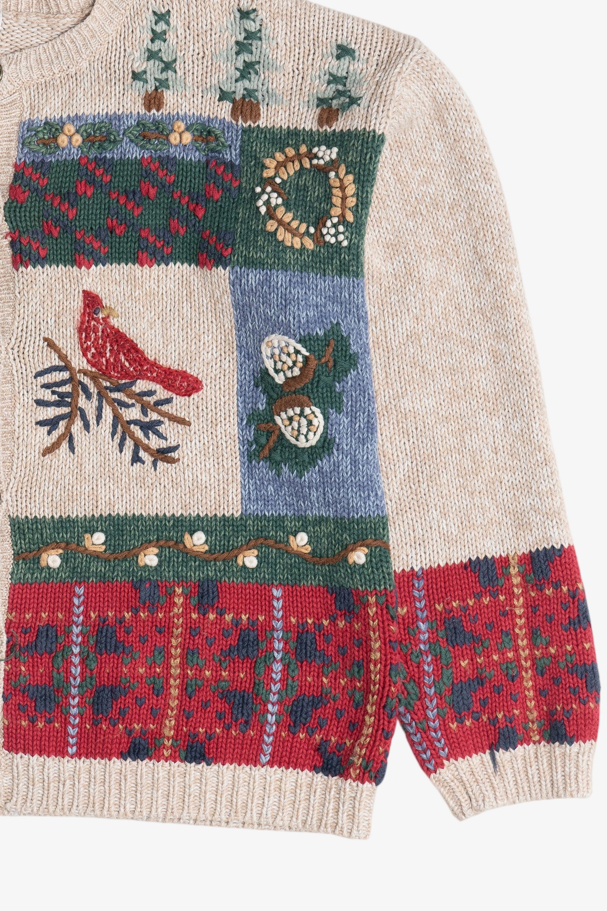 Vintage Rustic Cardinal Quilt Ugly Christmas Sweater (1980s)