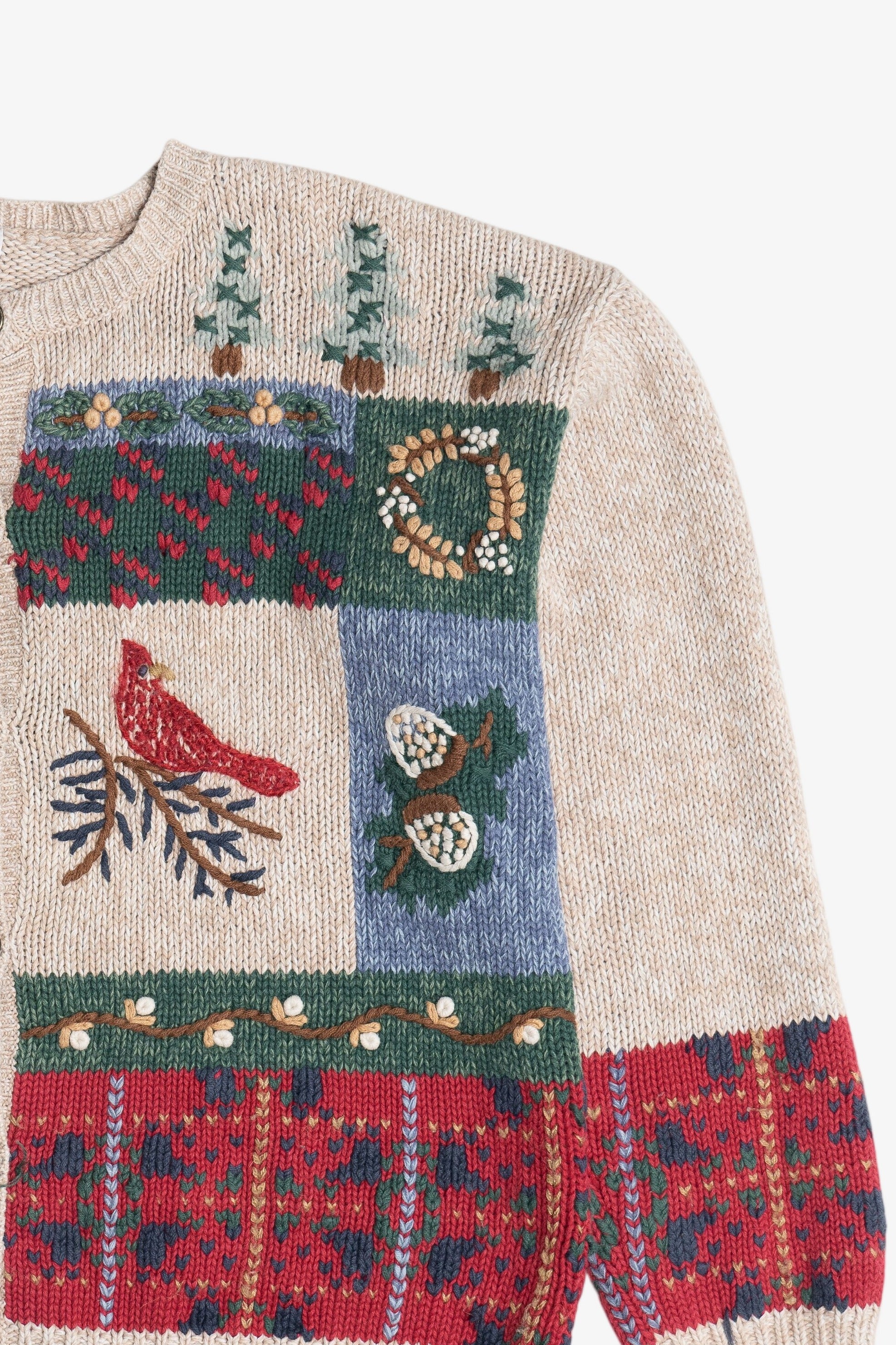 Vintage Rustic Cardinal Quilt Ugly Christmas Sweater (1980s)
