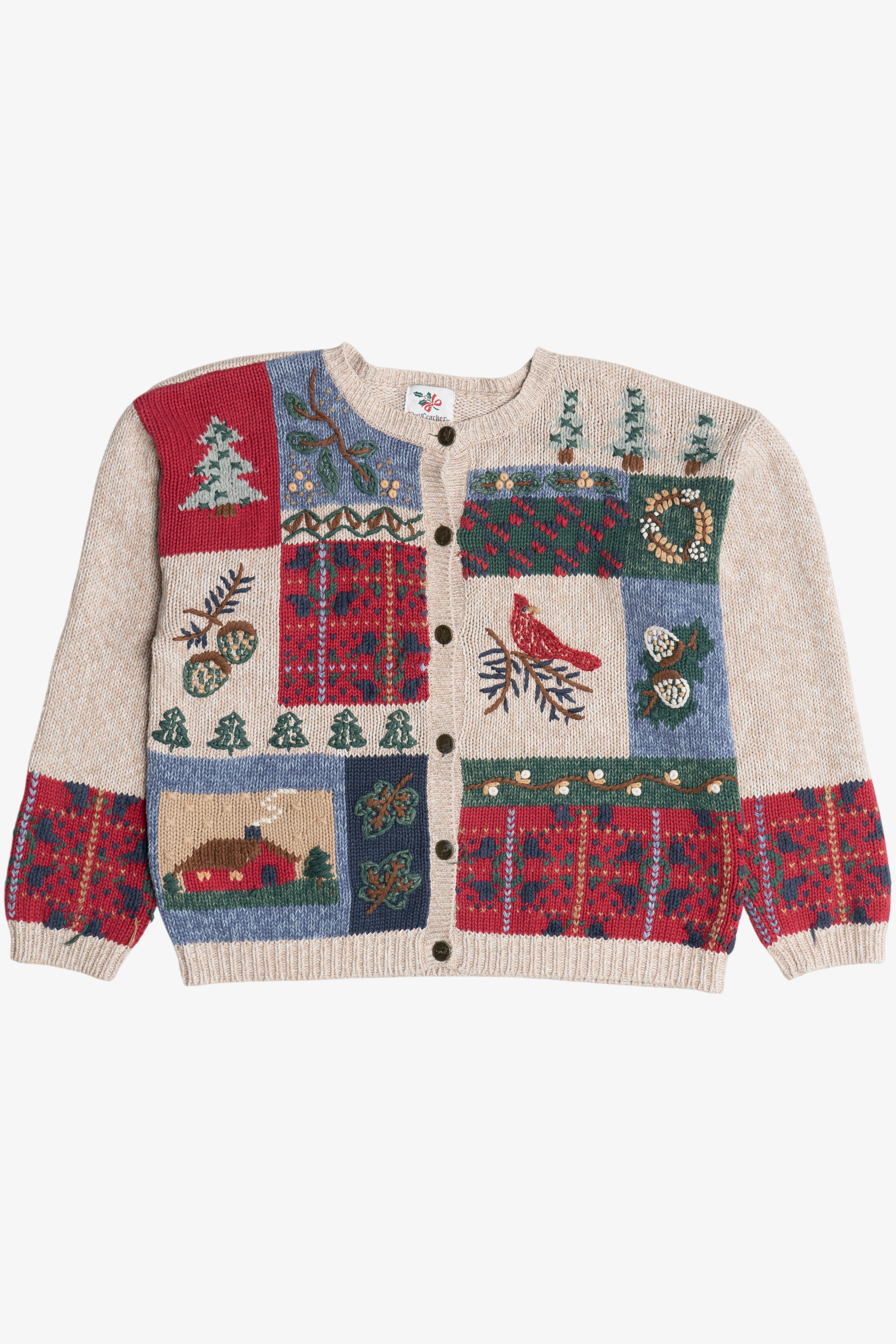 Vintage Rustic Cardinal Quilt Ugly Christmas Sweater (1980s)