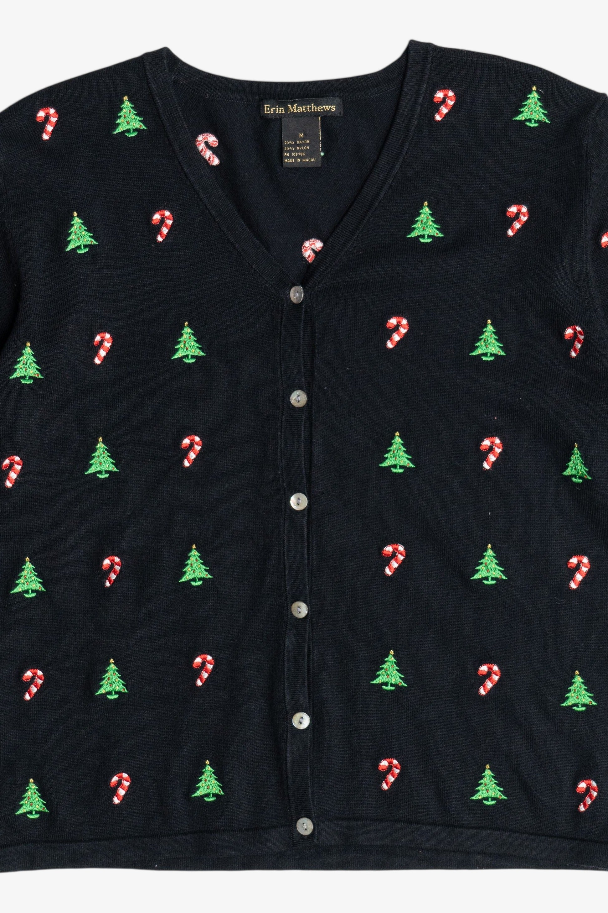 Vintage Candy Canes & Christmas Trees Lightweight Ugly Christmas Cardigan (2000s)