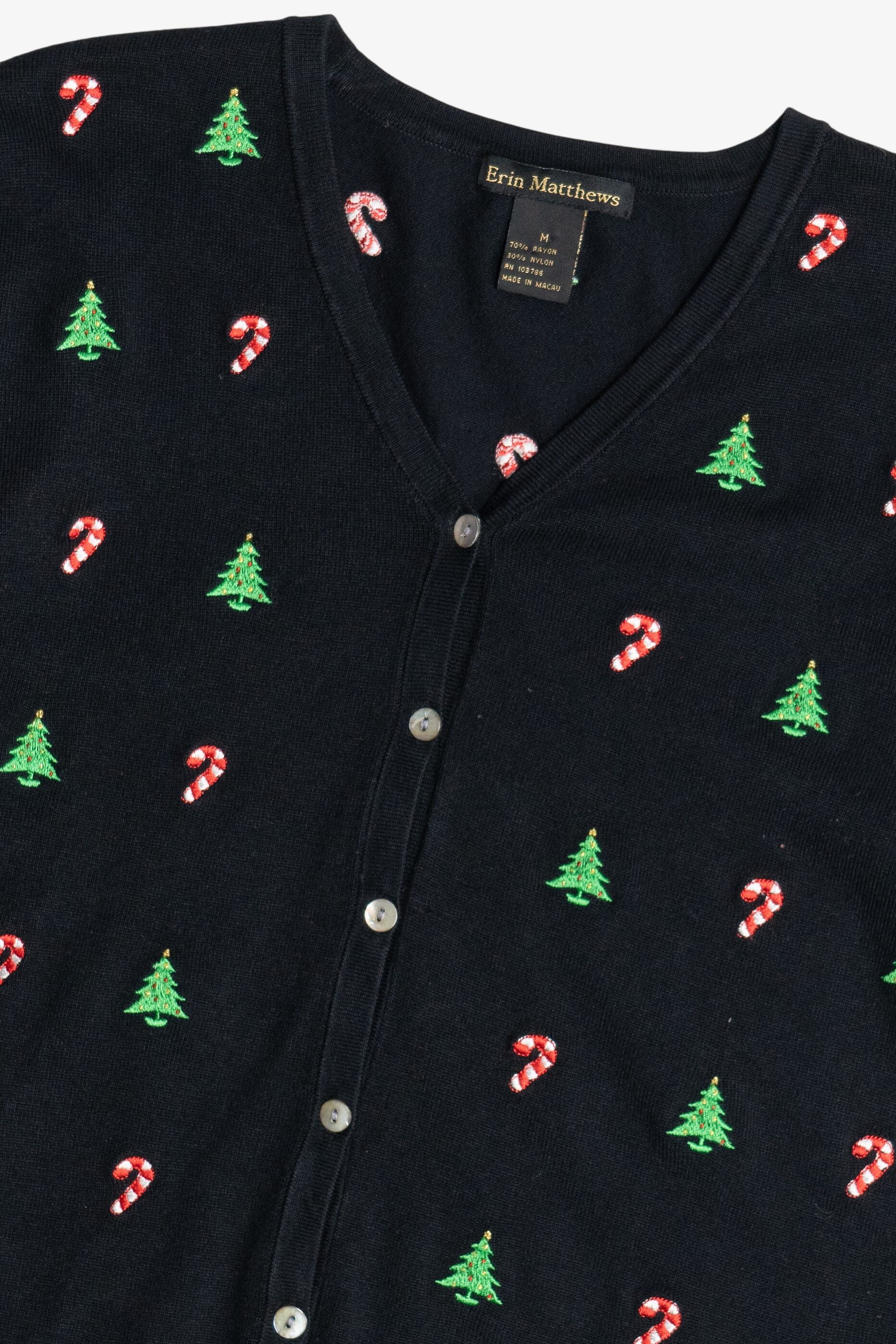 Vintage Candy Canes & Christmas Trees Lightweight Ugly Christmas Cardigan (2000s)
