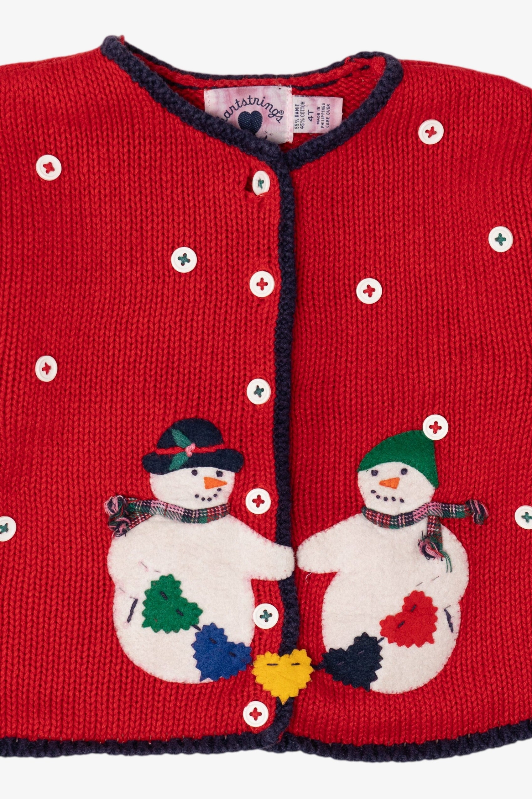 Vintage Red Kids Hartstrings Snowmen Ugly Christmas Cardigan (2000s)