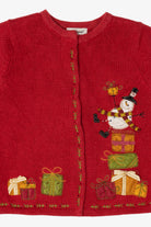 Vintage Kids Red Savannah Snowman On Presents Ugly Christmas Cardigan (1990s)