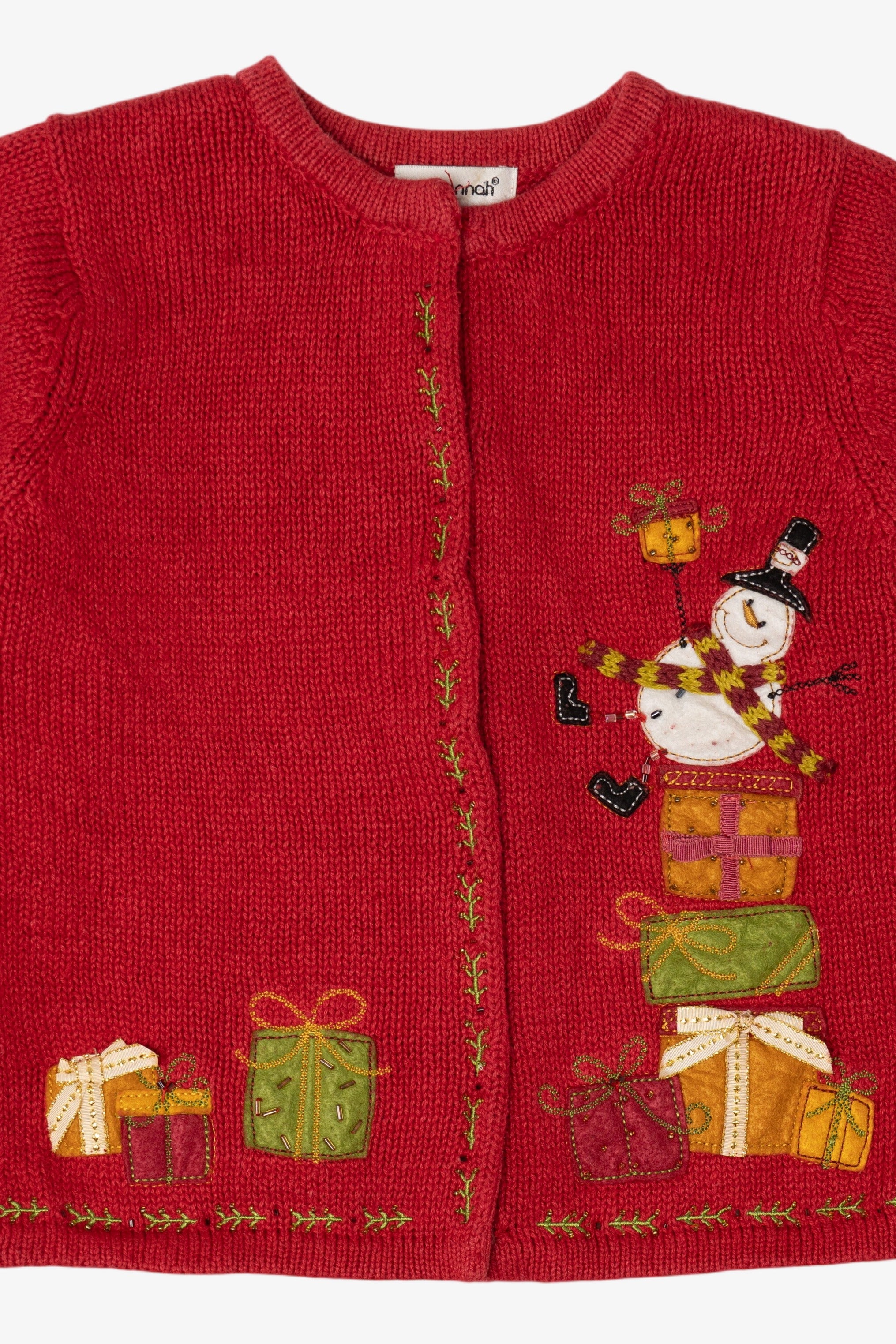 Vintage Kids Red Savannah Snowman On Presents Ugly Christmas Cardigan (1990s)