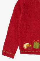 Vintage Kids Red Savannah Snowman On Presents Ugly Christmas Cardigan (1990s)