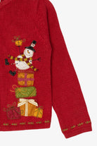 Vintage Kids Red Savannah Snowman On Presents Ugly Christmas Cardigan (1990s)