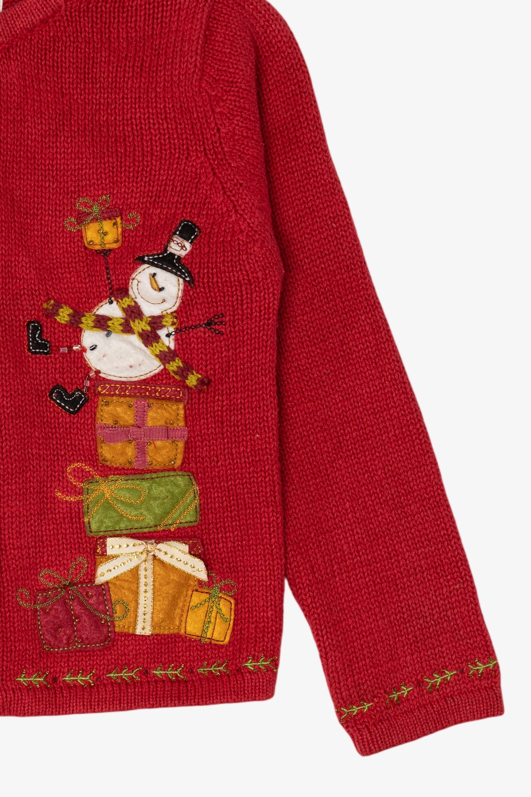 Vintage Kids Red Savannah Snowman On Presents Ugly Christmas Cardigan (1990s)