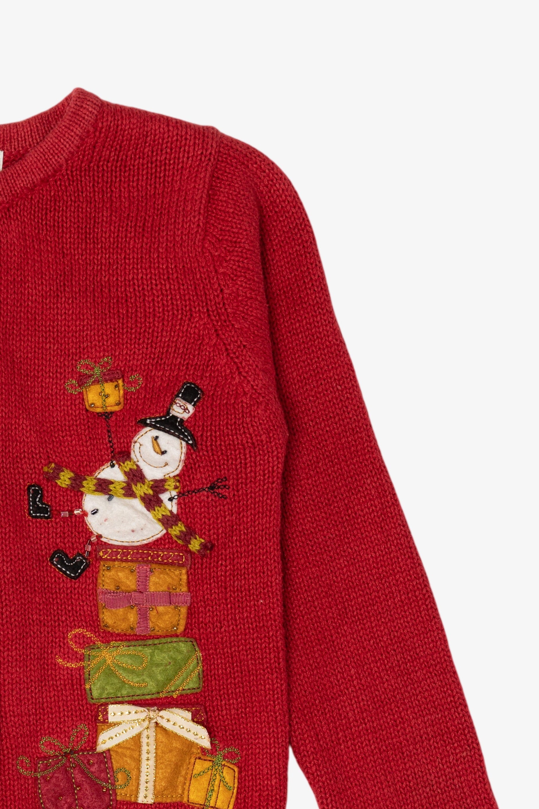 Vintage Kids Red Savannah Snowman On Presents Ugly Christmas Cardigan (1990s)