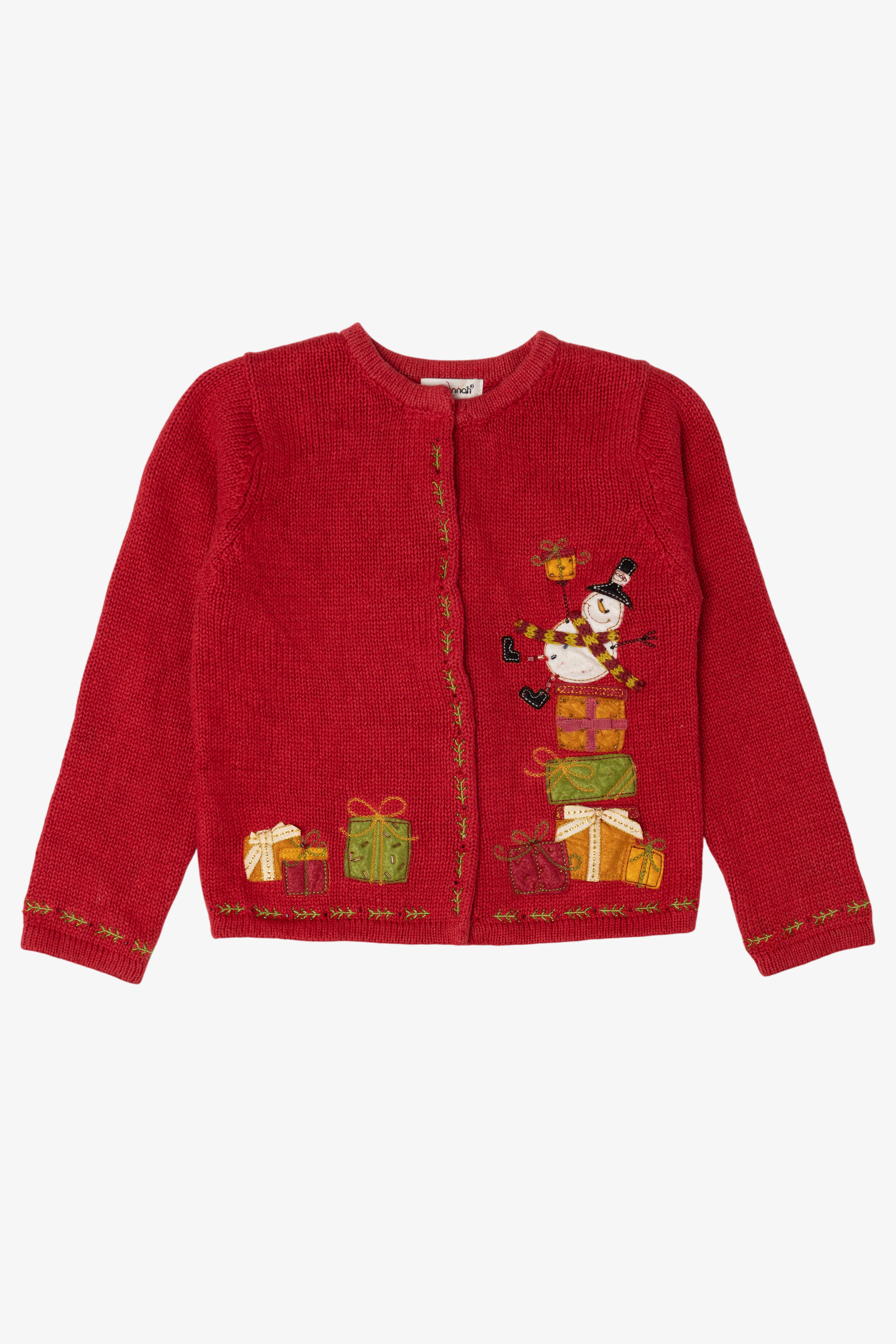 Vintage Kids Red Savannah Snowman On Presents Ugly Christmas Cardigan (1990s)