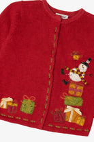 Vintage Kids Red Savannah Snowman On Presents Ugly Christmas Cardigan (1990s)