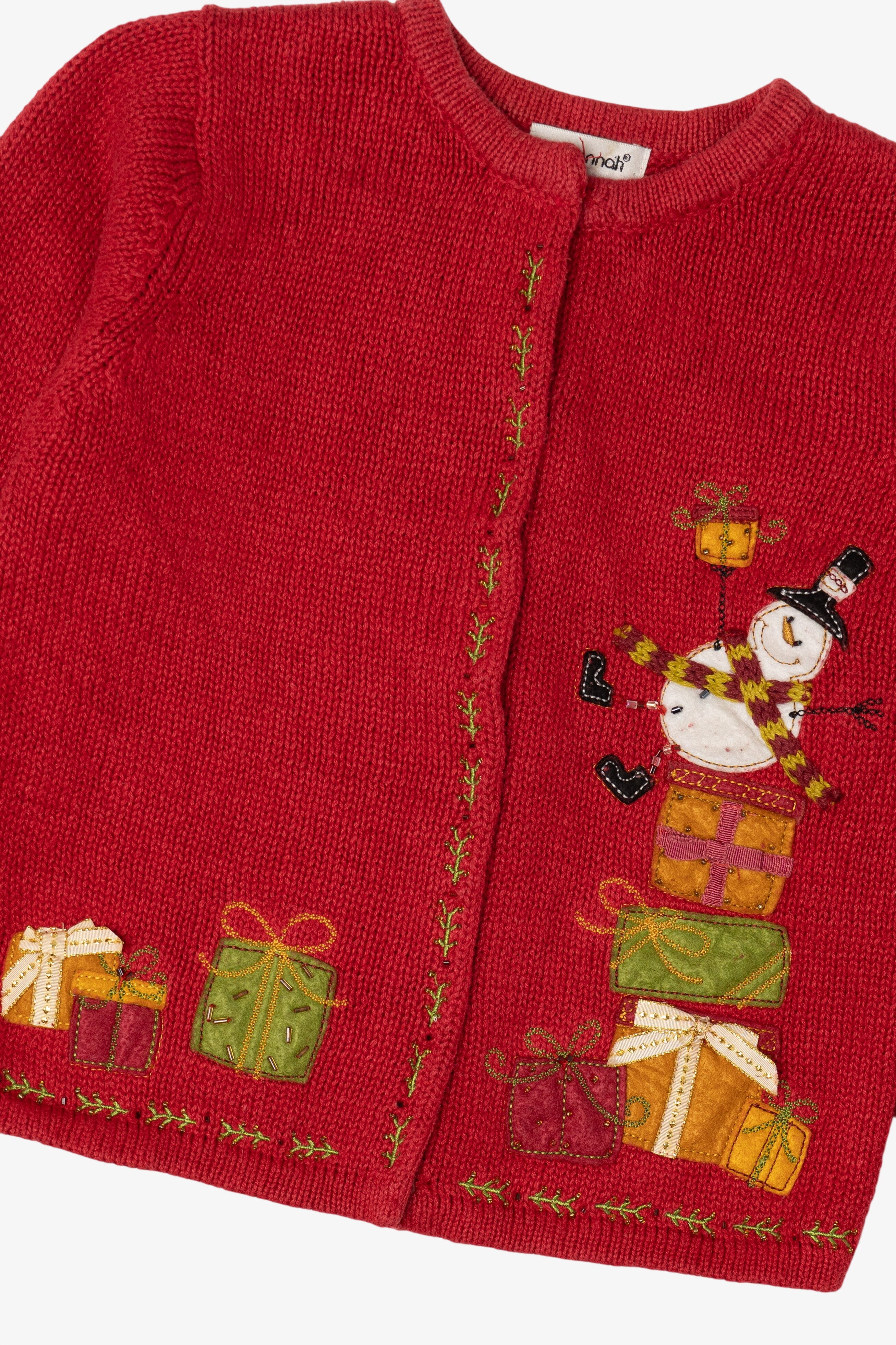 Vintage Kids Red Savannah Snowman On Presents Ugly Christmas Cardigan (1990s)